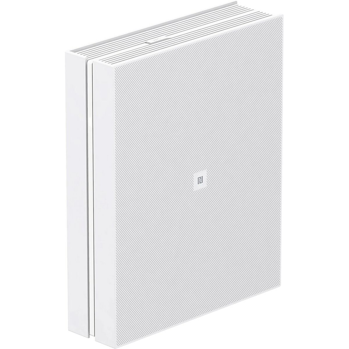 Białe prostokątne urządzenie z teksturowanym przodem i małym logo "N".