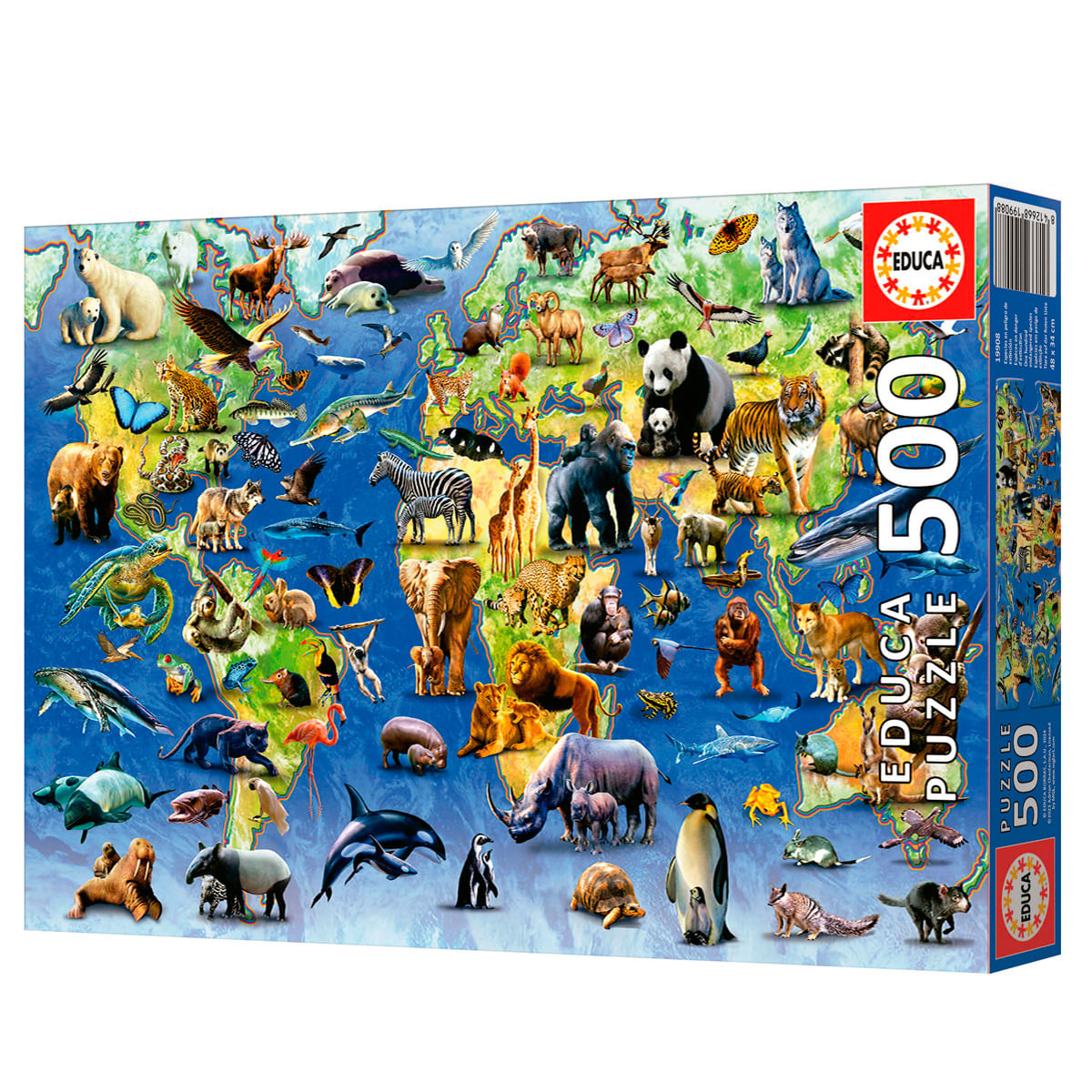 Mapa del mundo con muchos animales diversos como osos polares, pandas y elefantes.