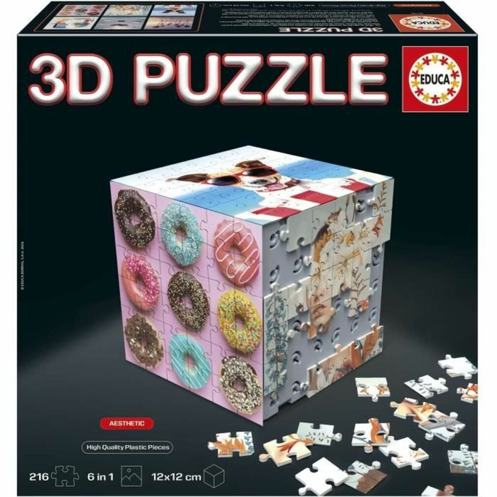 Ein 3D-Puzzle mit Donut-Motiven und einem Hund mit Sonnenbrille.
