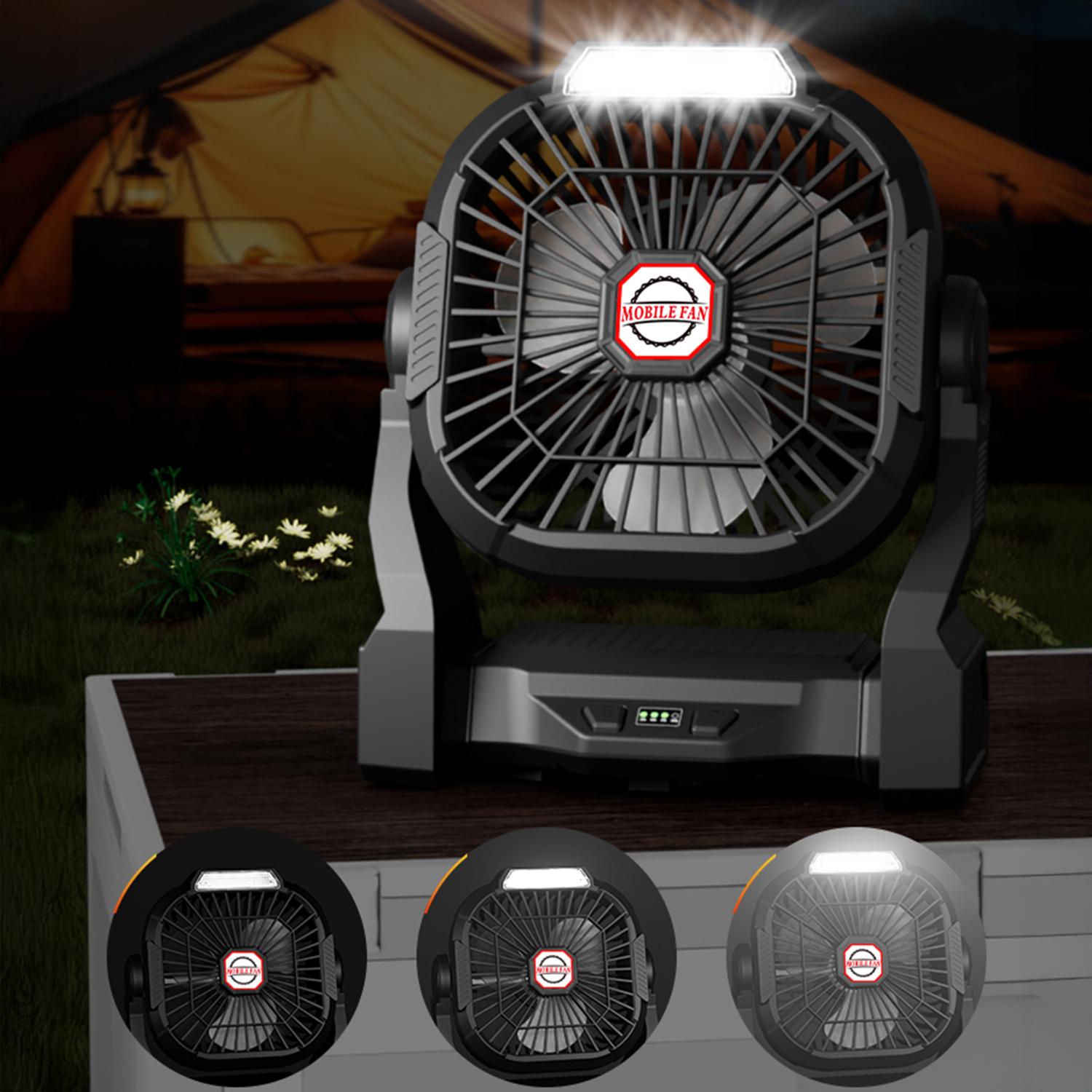 Ventilatore portatile da campeggio con luce LED sopra una tenda.