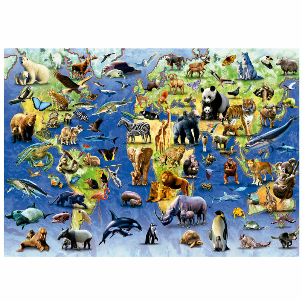 Mapa del mundo con diversos animales en sus hábitats naturales.