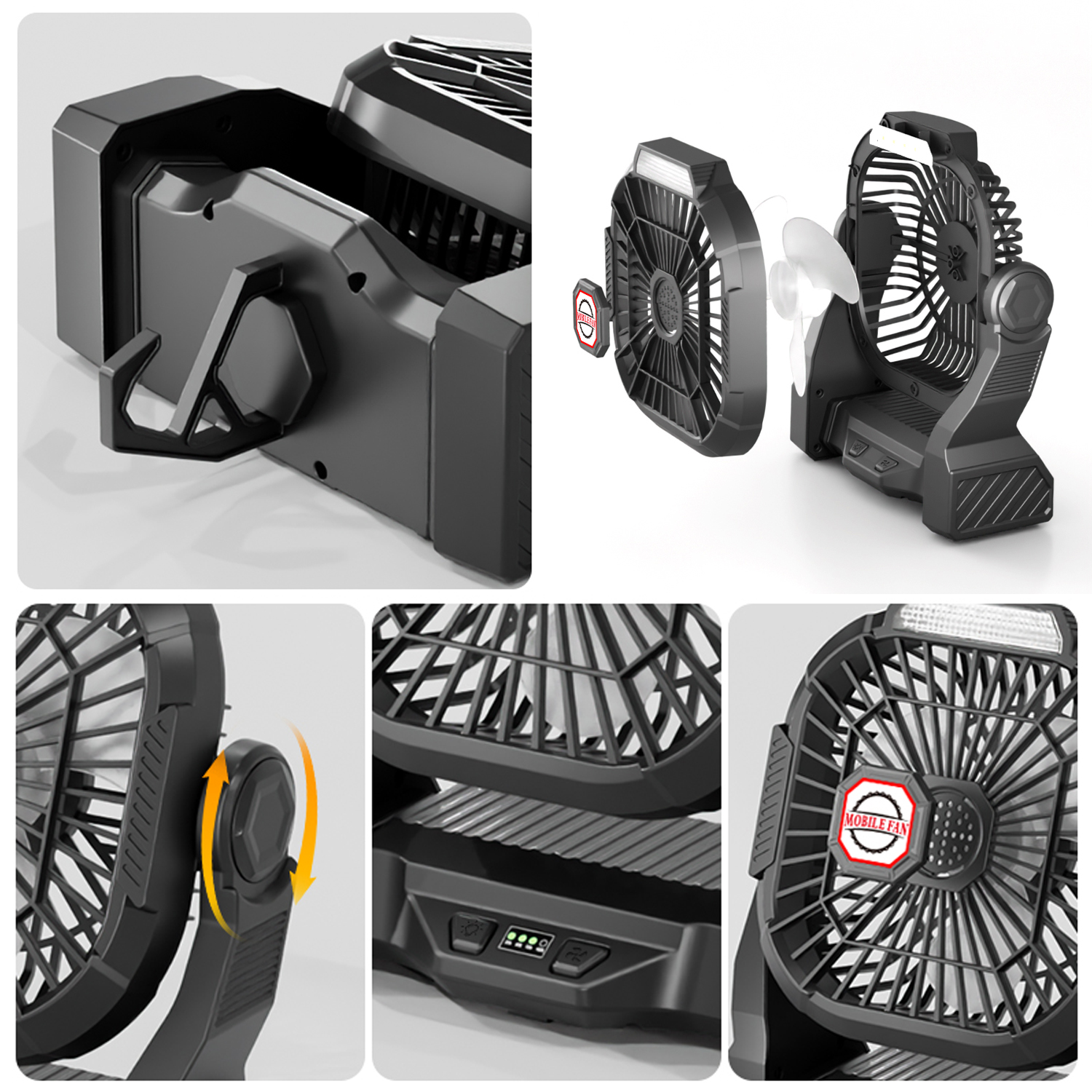 Una ventola portatile nera con supporto pieghevole e luce LED.