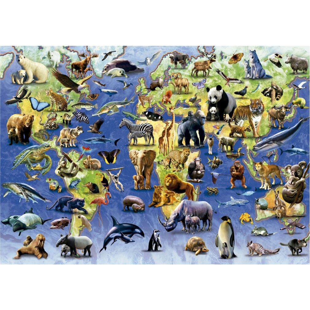 Un mapa del mundo con diversos animales de todo el globo.
