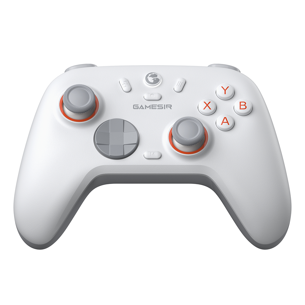 Un controller da gioco bianco con joystick grigi e accenti rossi.