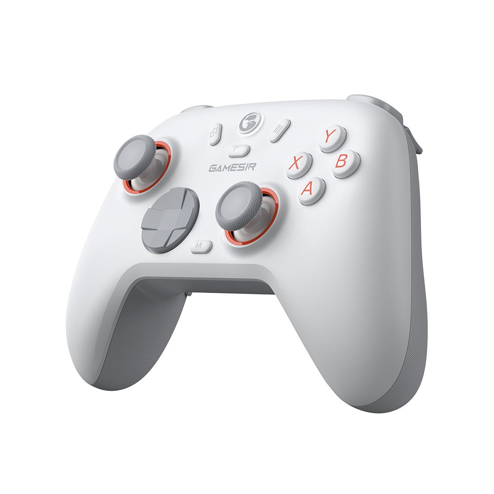 Un controller da gioco bianco con accenti grigi e arancioni.