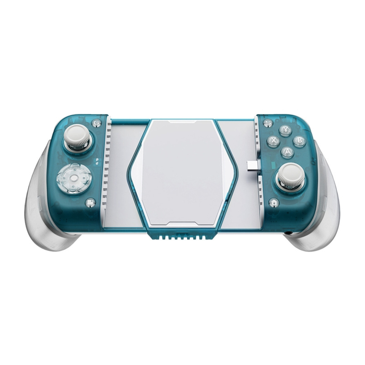 Un controller da gioco blu trasparente con pulsanti e joystick.
