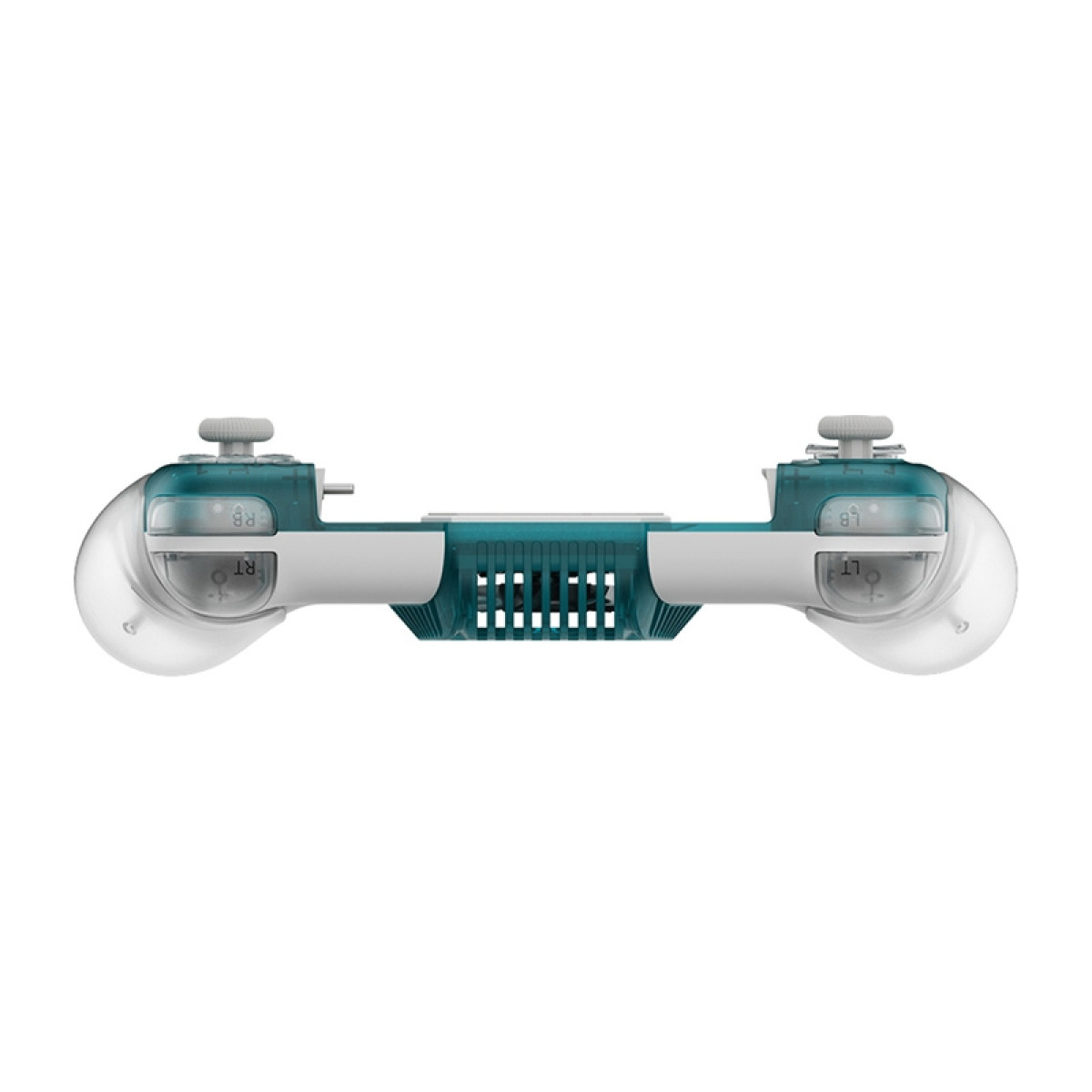 Un controller da gioco blu e bianco con joystick e pulsanti.
