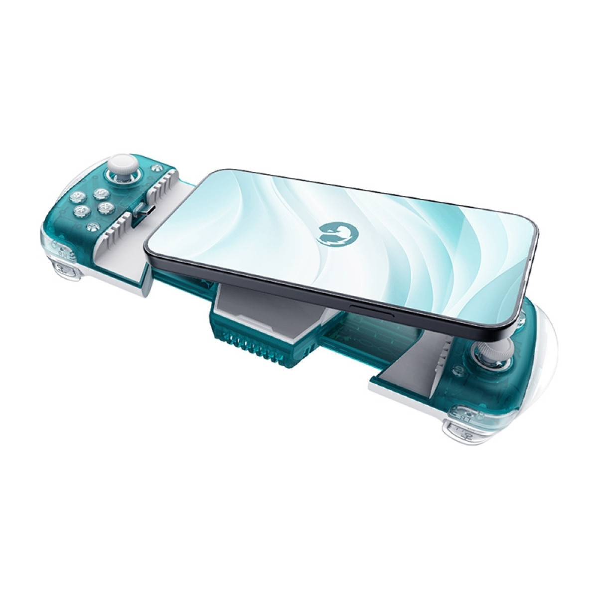 Uno smartphone è montato su un controller di gioco trasparente color verde acqua.