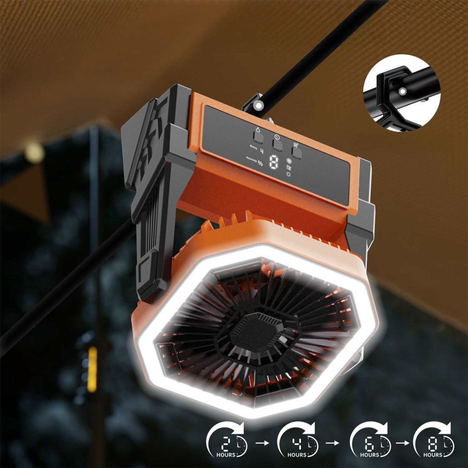 Ventilatore arancione e nero con luce LED, sospeso a una barra.