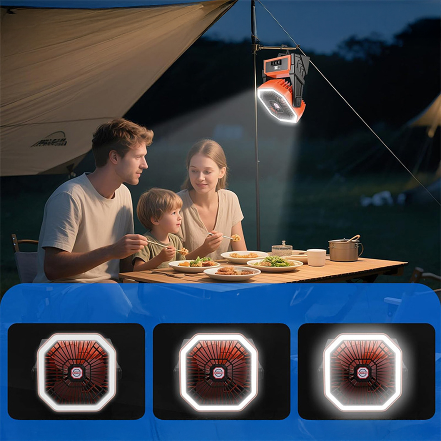 Famiglia mangia sotto una tenda, illuminata da una luce appesa. Sotto tre viste della ventola.
