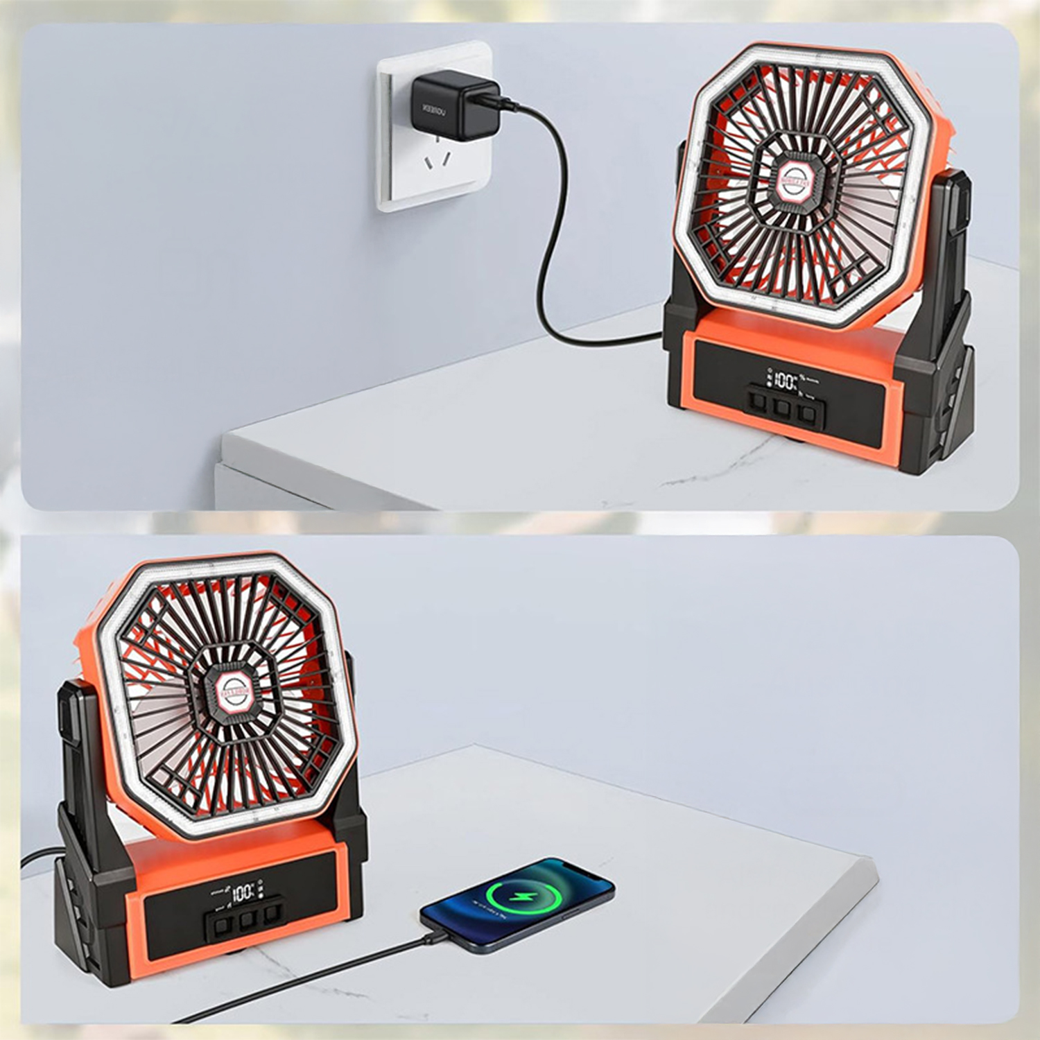 Un ventilatore arancione è collegato a una presa e carica uno smartphone.