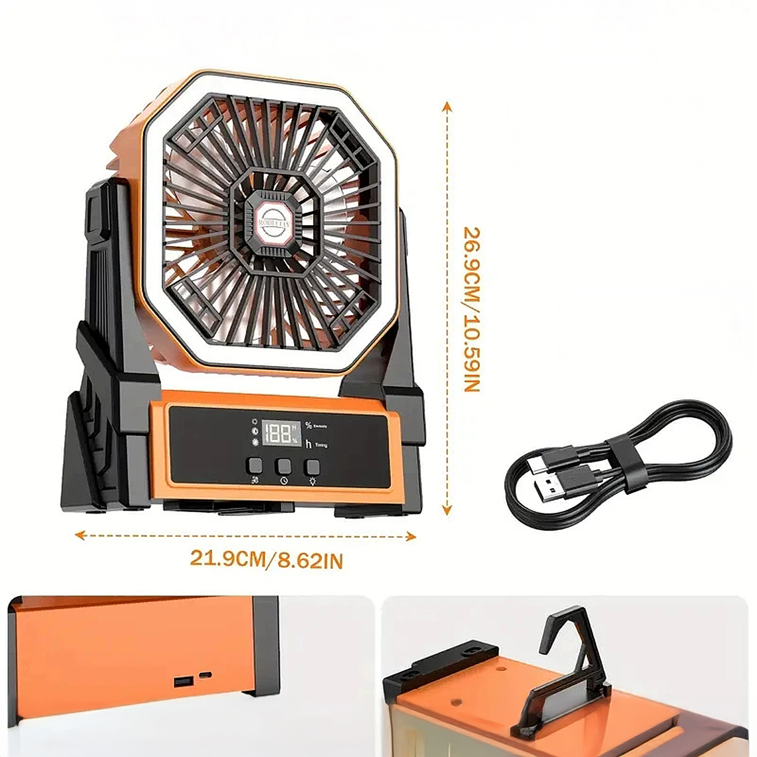 Un ventilatore arancione con display digitali e un cavo USB nero.