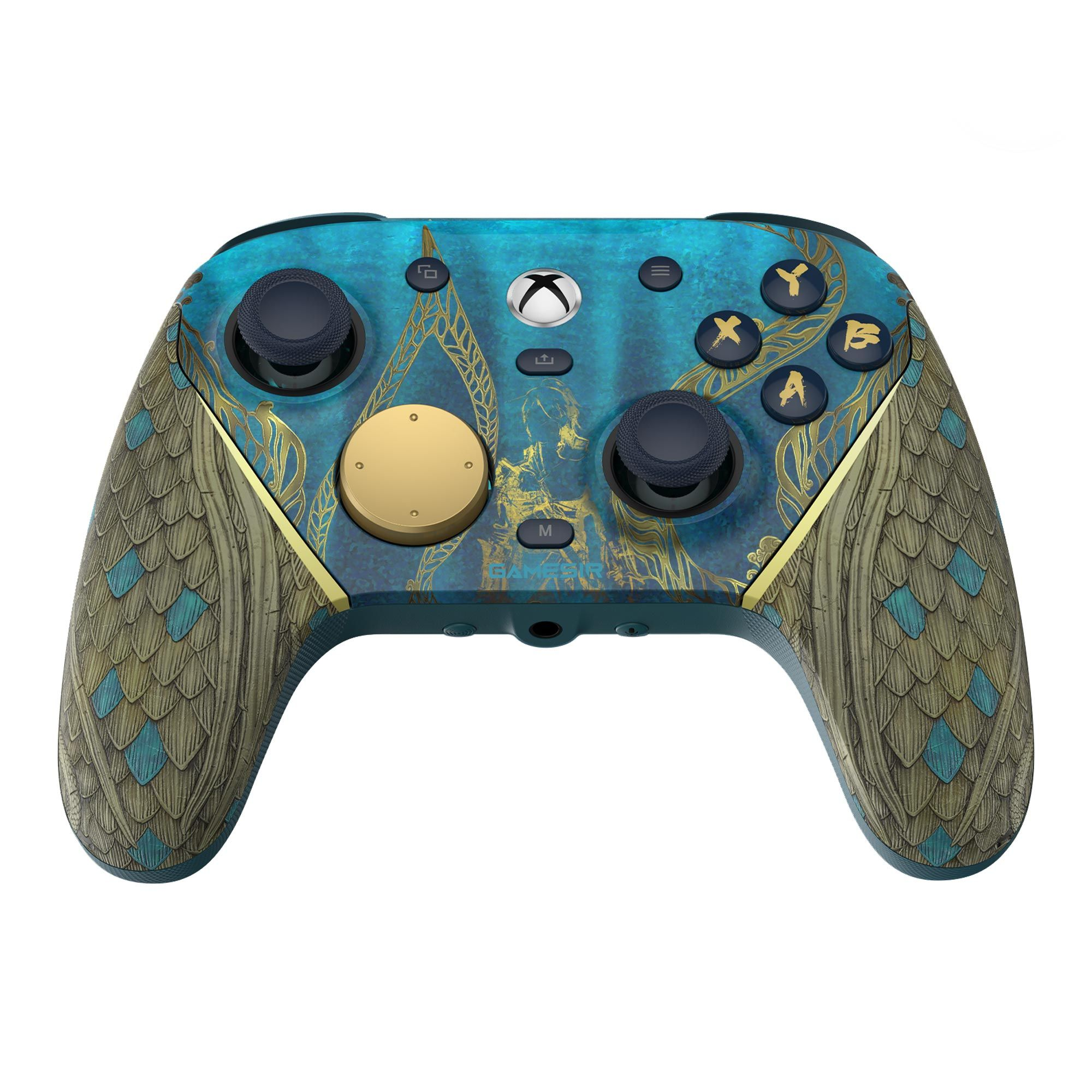 Un controller Xbox blu ornato con accenti dorati e disegni simili a piume.