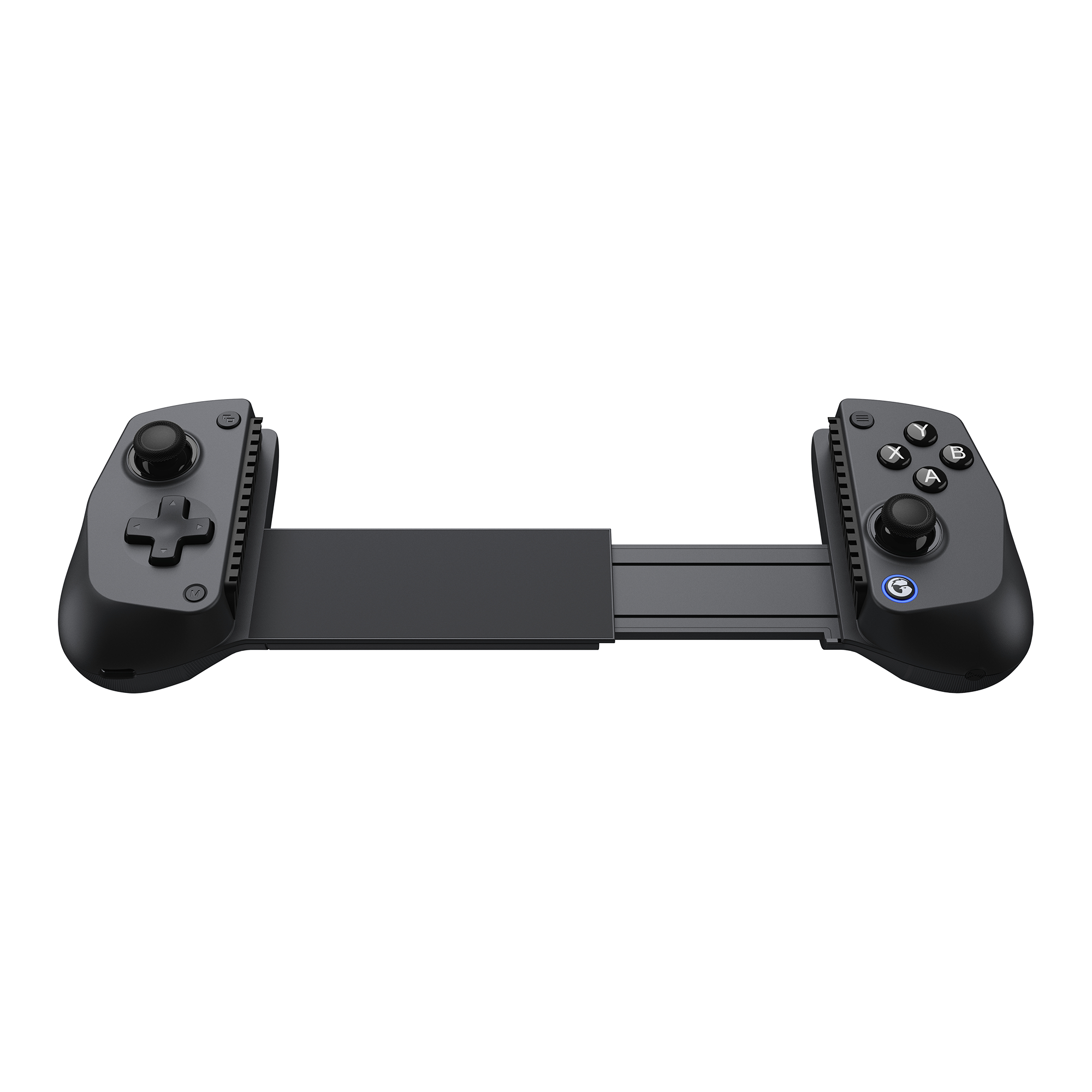Un controller di gioco nero ed estensibile con joystick e pulsanti.