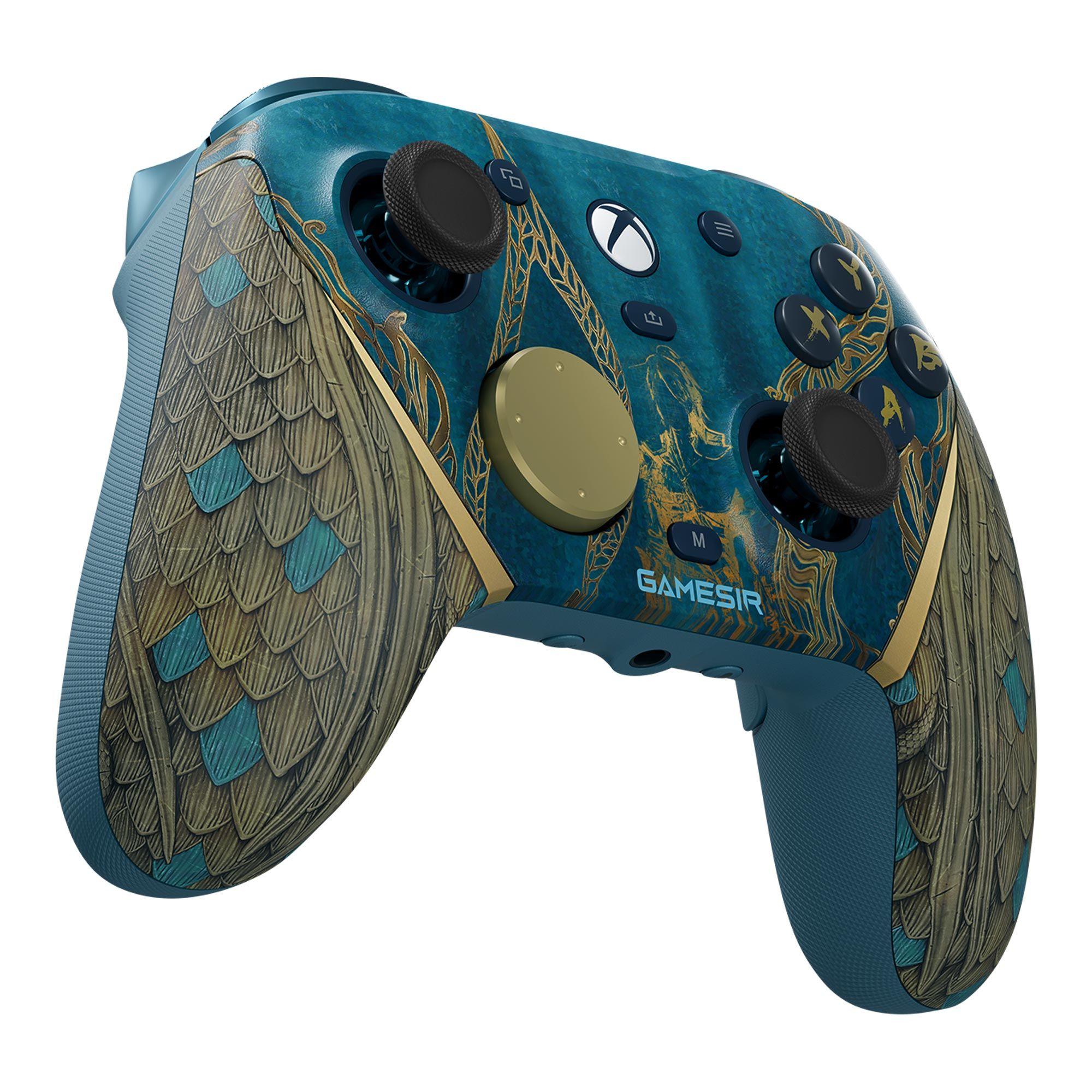 Un controller da gioco blu con disegni di piume dorate e marroni.