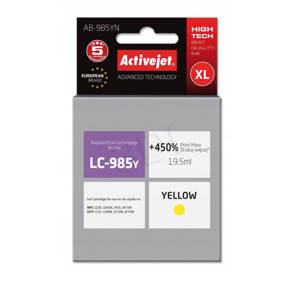 Żółty tusz Activejet LC-985Y do drukarek Brother, rozmiar XL.