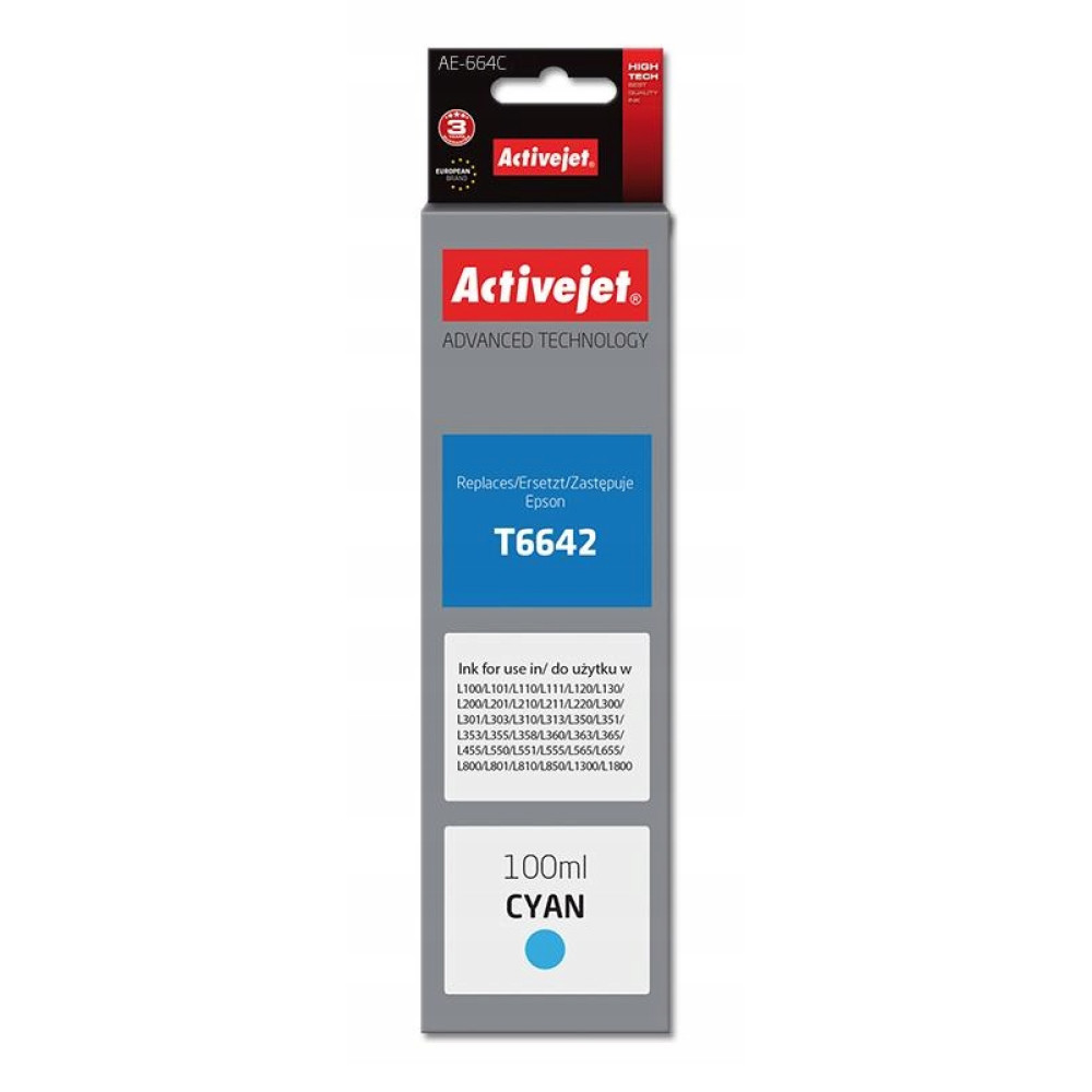 Een blauwe Activejet T6642 inktcartridge van 100 ml.