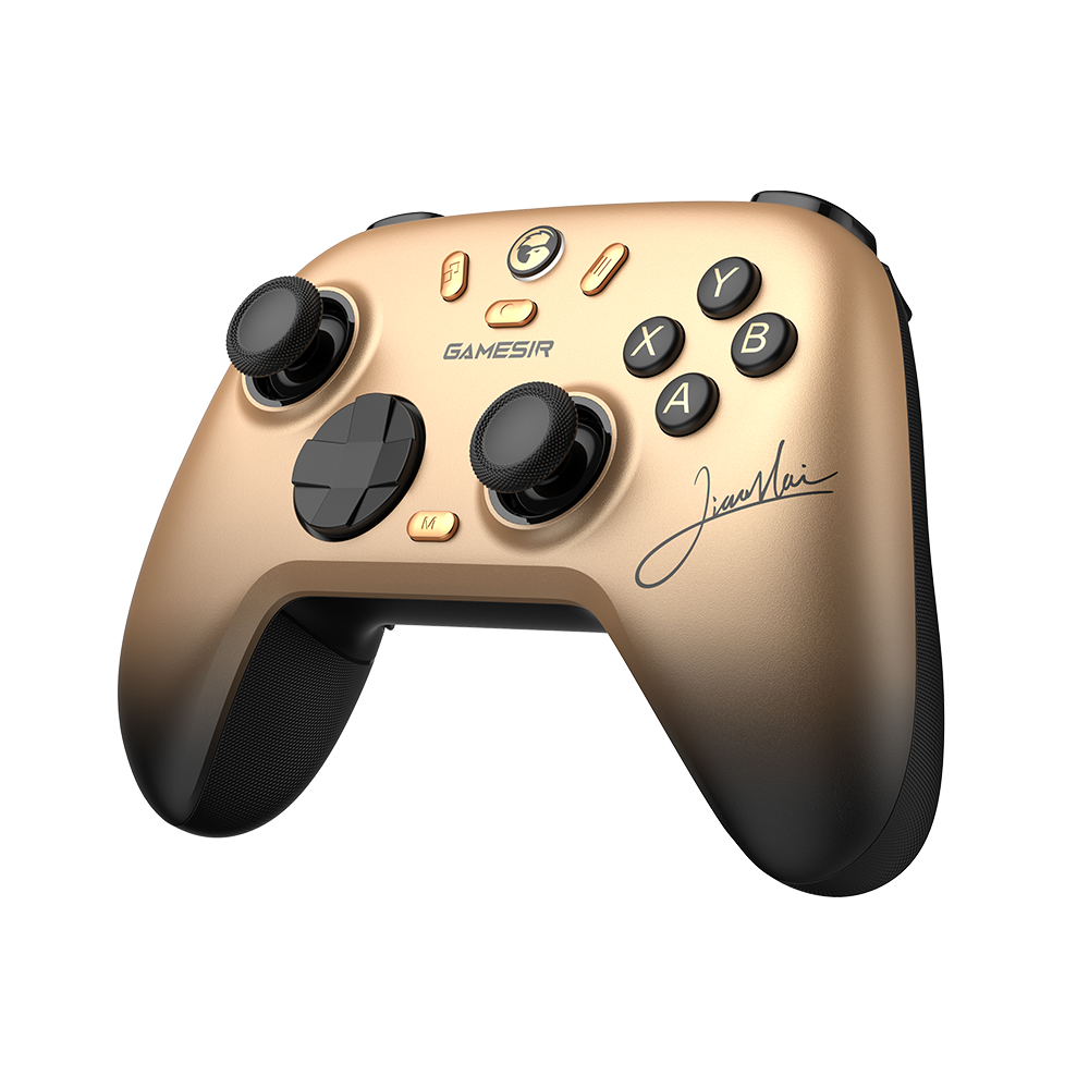 Controller da gioco color oro con impugnature e pulsanti neri.