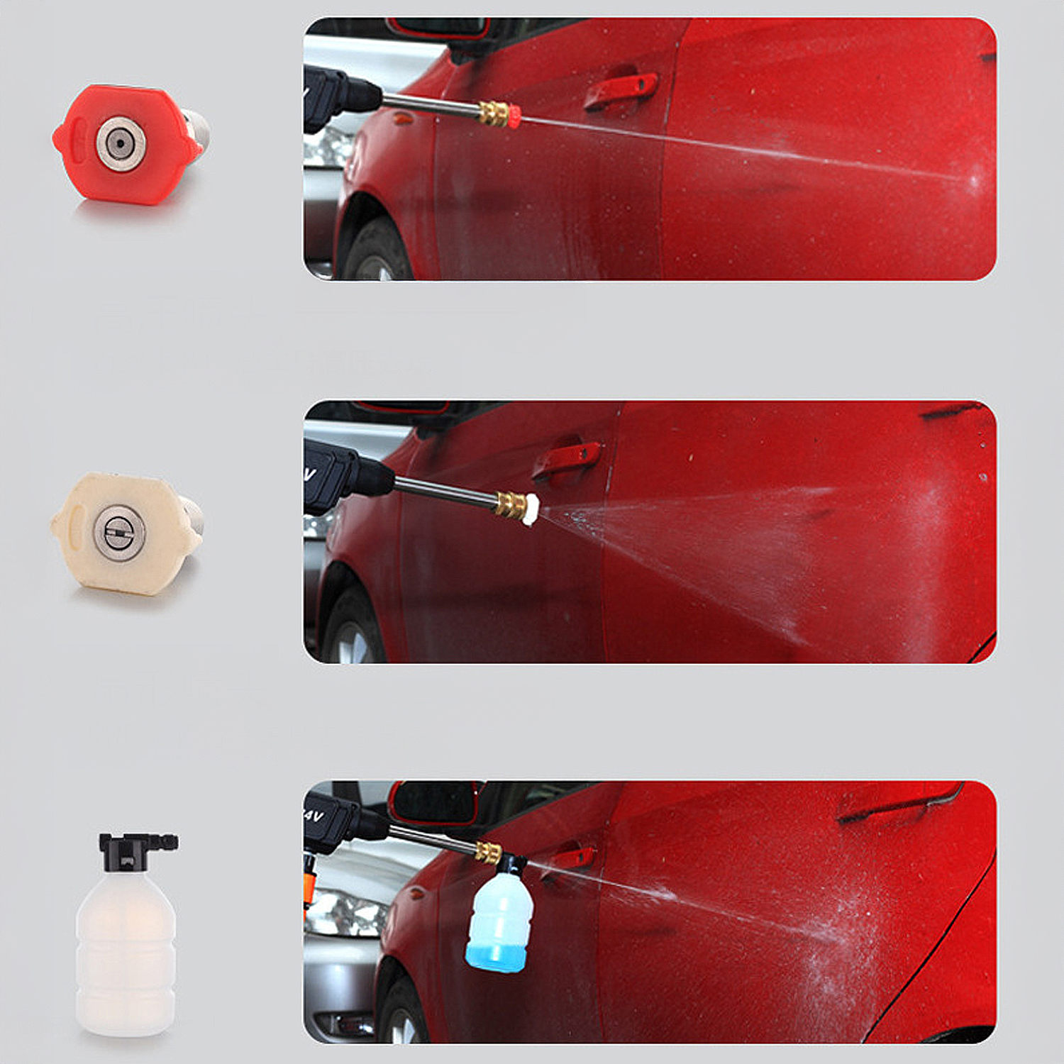 Drei Bilder zeigen Autoreinigung: Düsen und Schaumflasche auf rotem Auto.