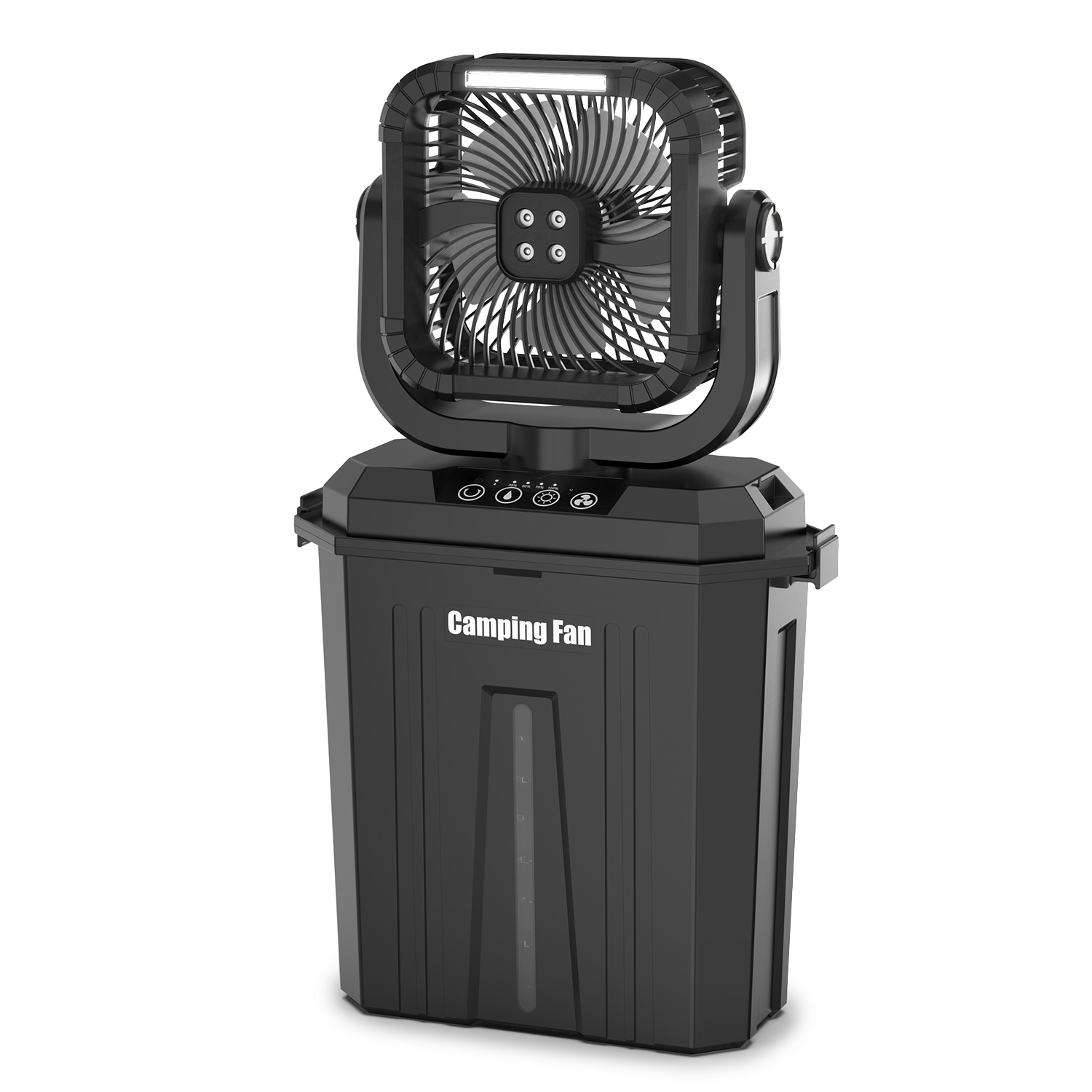 Un ventilatore da campeggio portatile nero con luce poggia su una scatola portaoggetti nera.