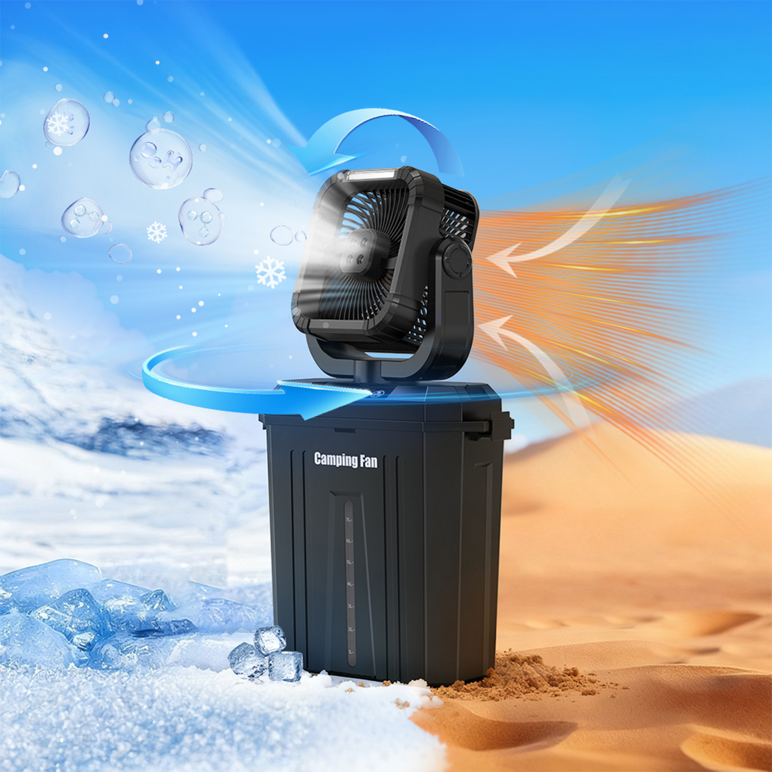 Ventilatore da campeggio nero soffia aria fresca sulla neve e aria calda sulla sabbia del deserto.