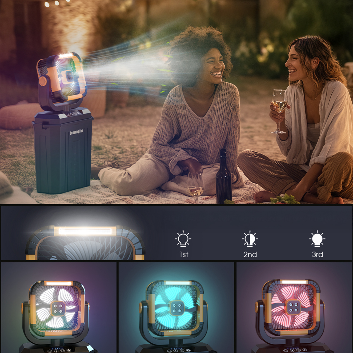 Un ventilatore da campeggio con luce su un frigo portatile, due donne sedute fuori.