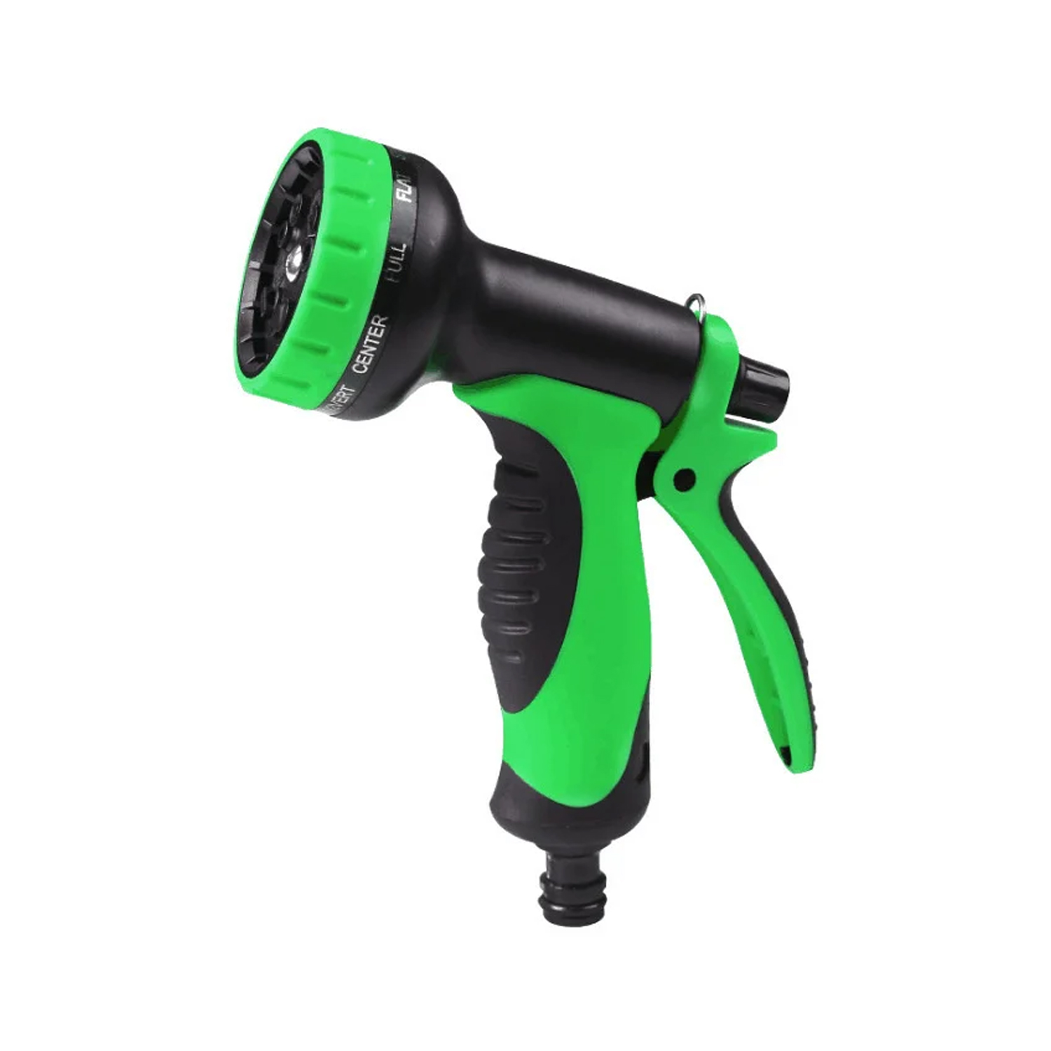 Ugello per tubo da giardino verde e nero con 7 getti, su sfondo bianco.