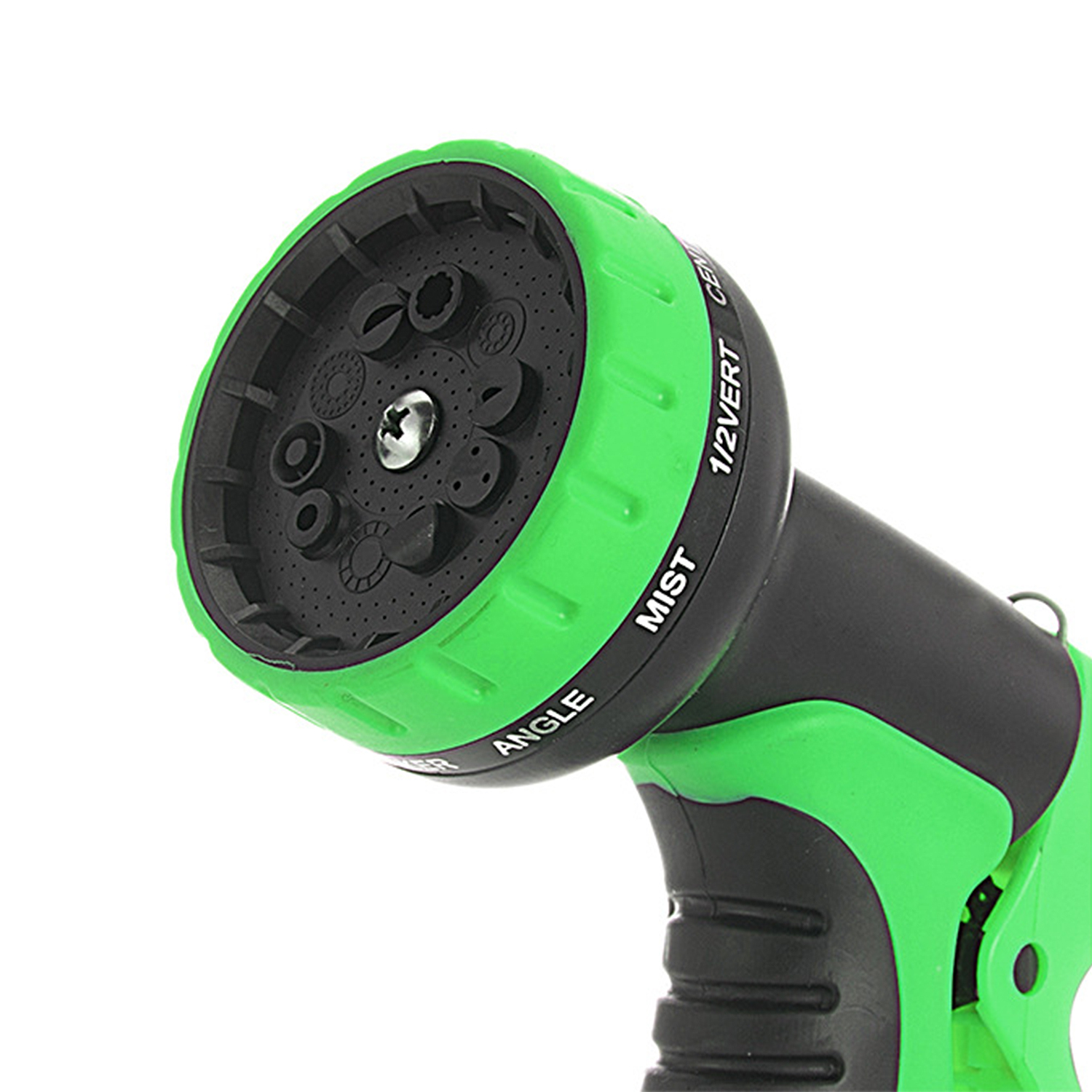 Ugello spray verde e nero con impostazioni multiple come nebbia e angolo.