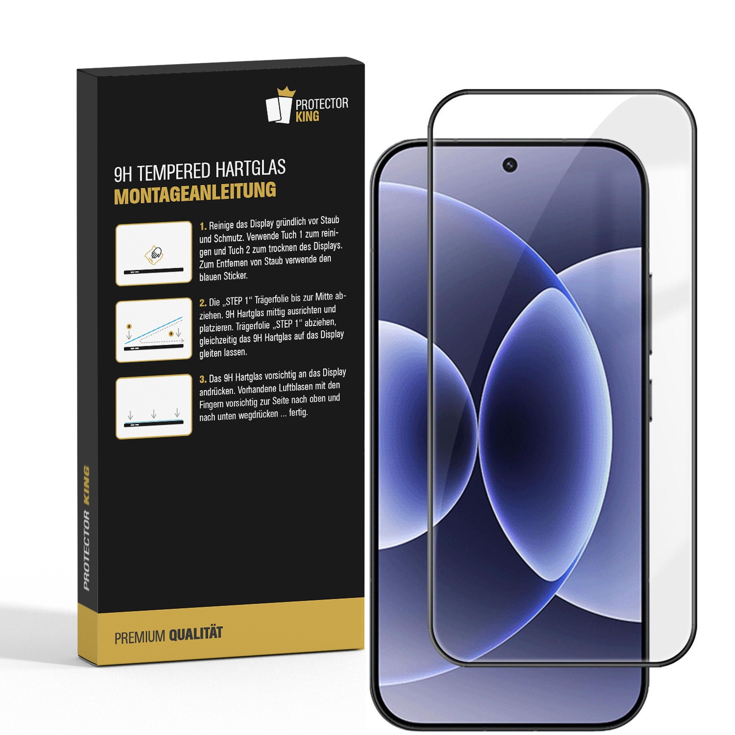 Verpackung mit Anleitung für 9H Panzerglas und einem Smartphone-Displayschutz.