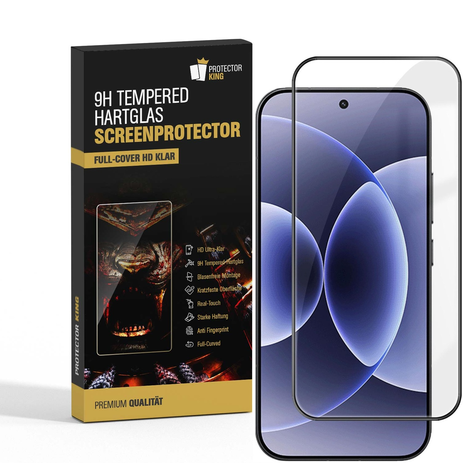 Verpackung und Displayschutzfolie für ein Smartphone, mit Text.