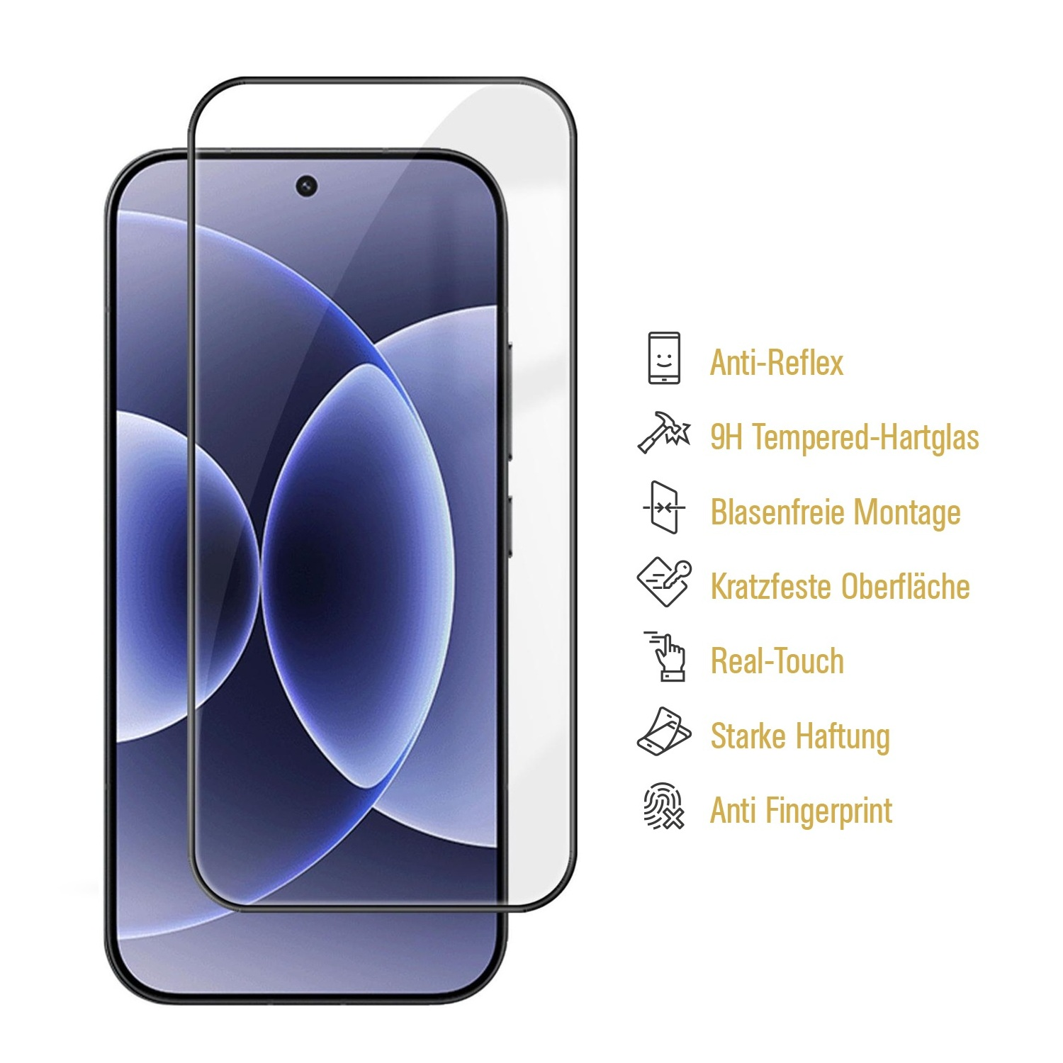 Displayschutzfolie für Smartphone mit Icons für Eigenschaften wie Anti-Reflex.
