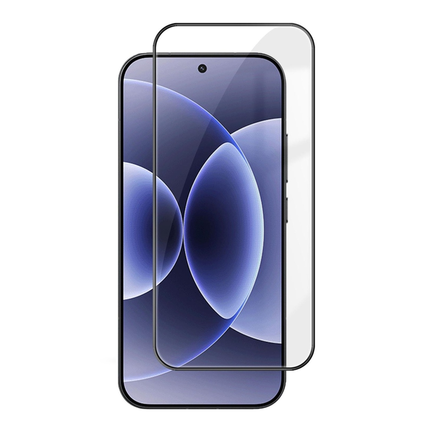 Ein Displayschutz aus Glas für ein Smartphone mit blauer Hintergrundgrafik.