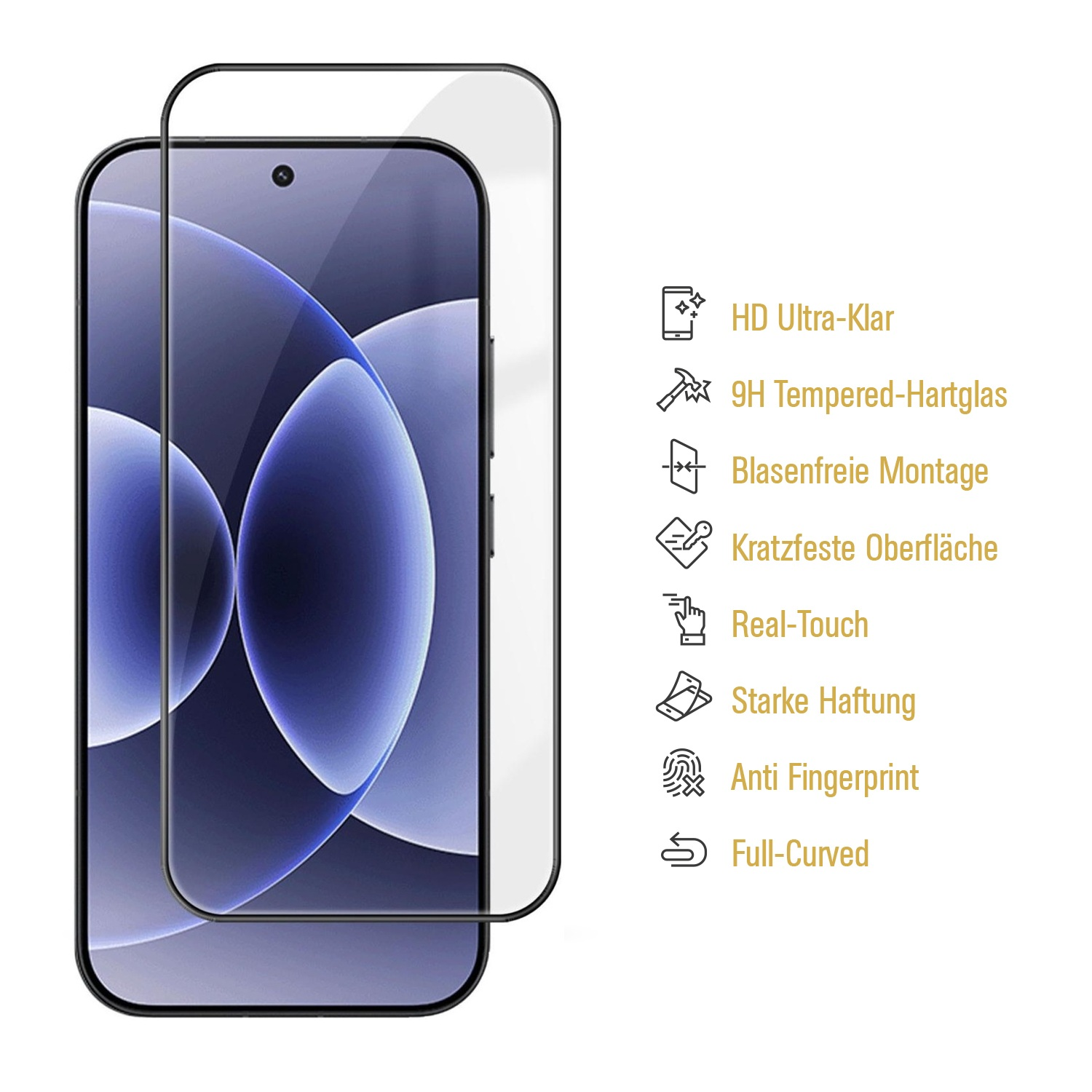 Ein Displayschutz aus Glas auf einem Smartphone mit blauen Hintergründen.