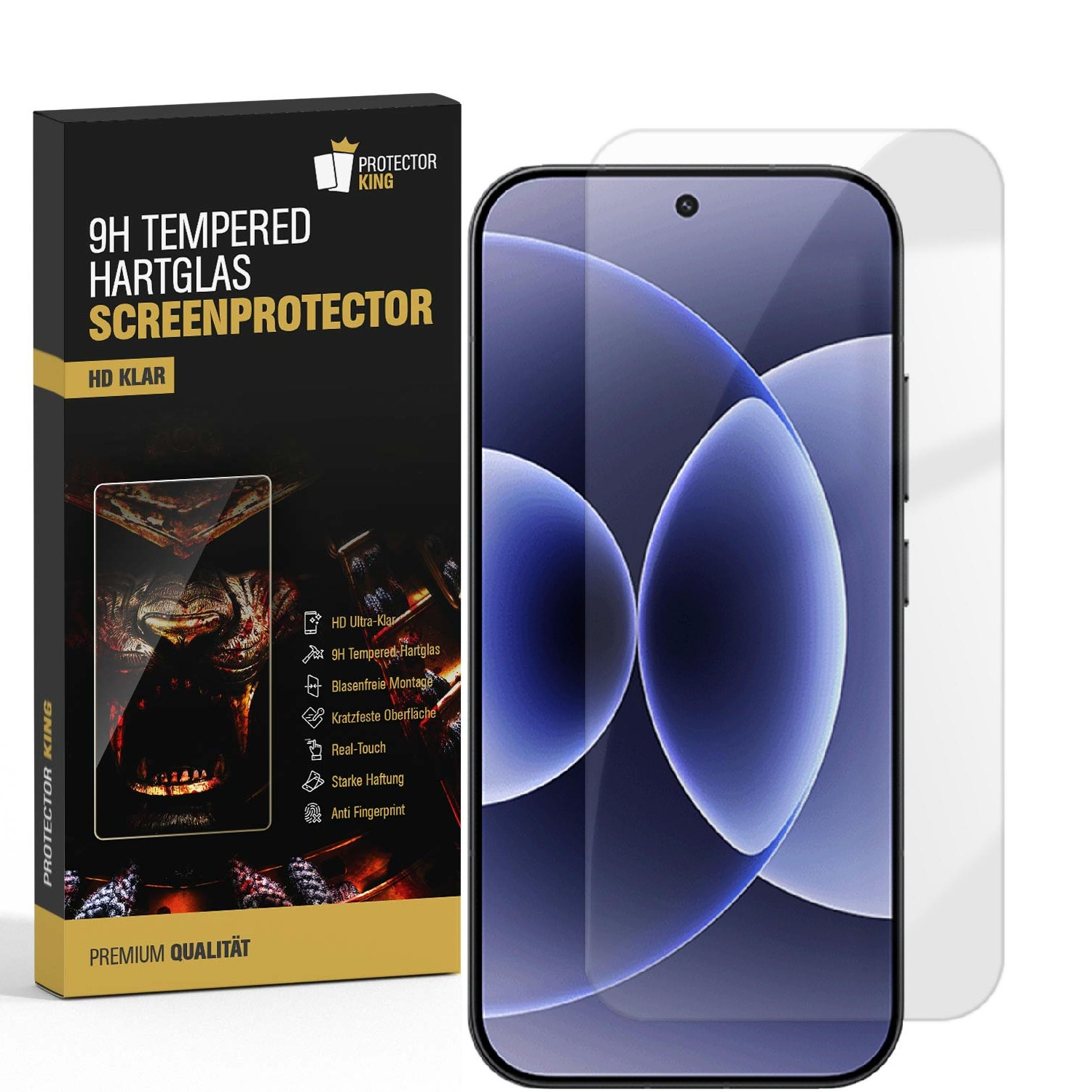 Verpackung für einen Displayschutz aus Hartglas mit einem Smartphone.