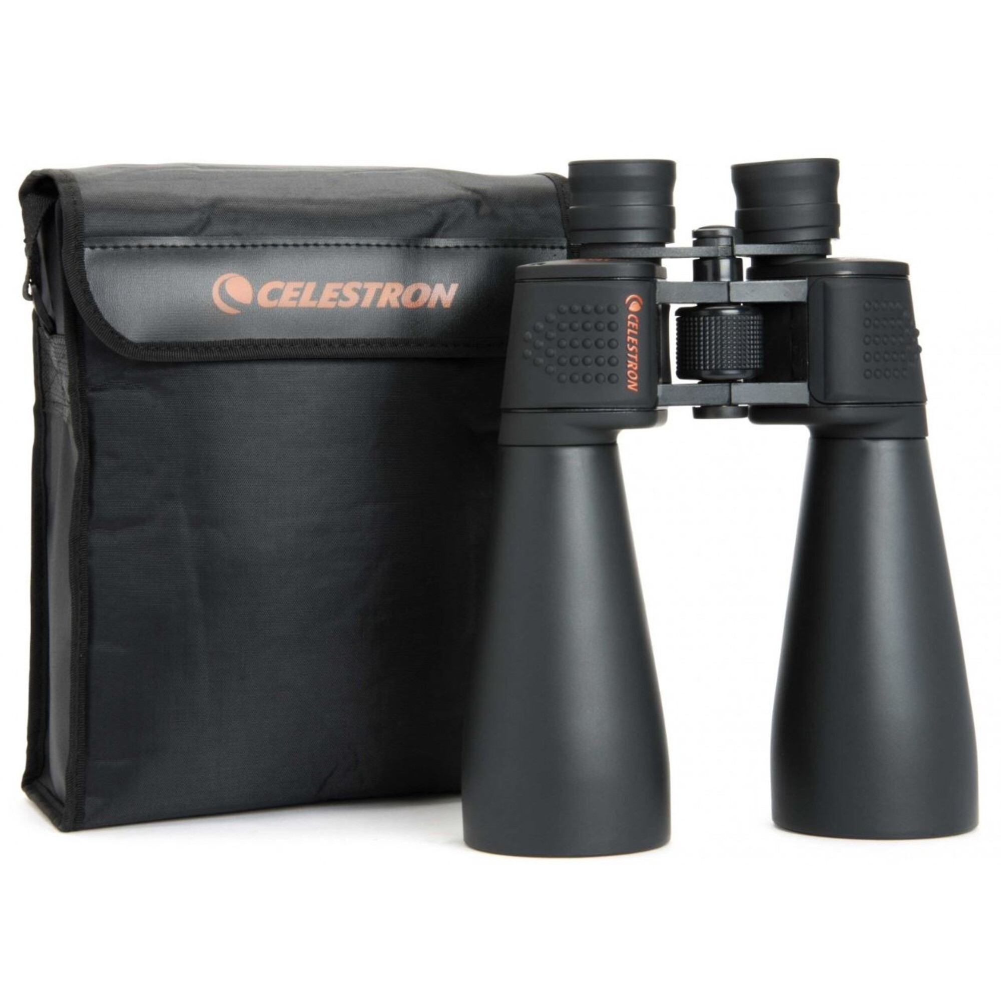 Jumelles Celestron noires avec étui de transport sur fond blanc.