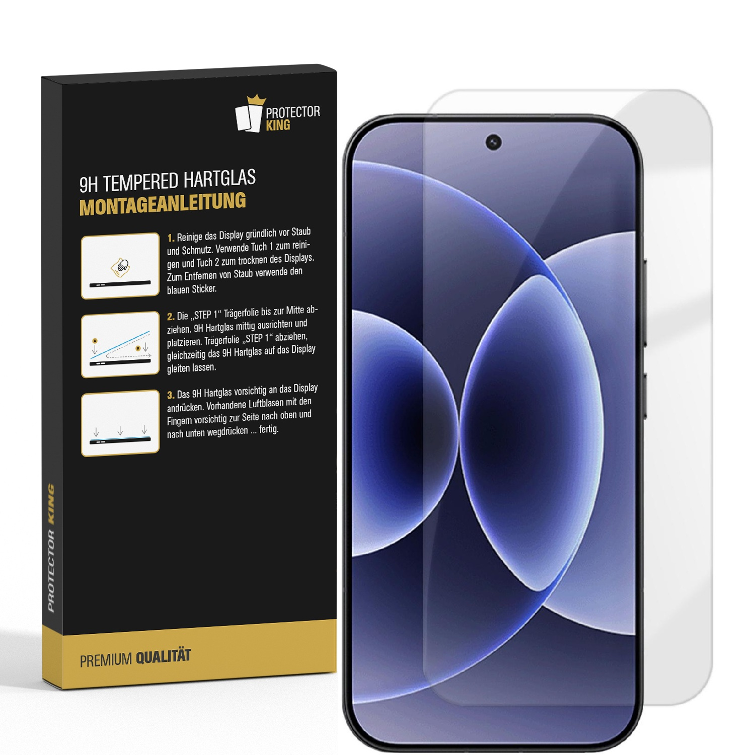 Verpackung für Displayschutzglas mit Anleitung und einem Smartphone-Display.