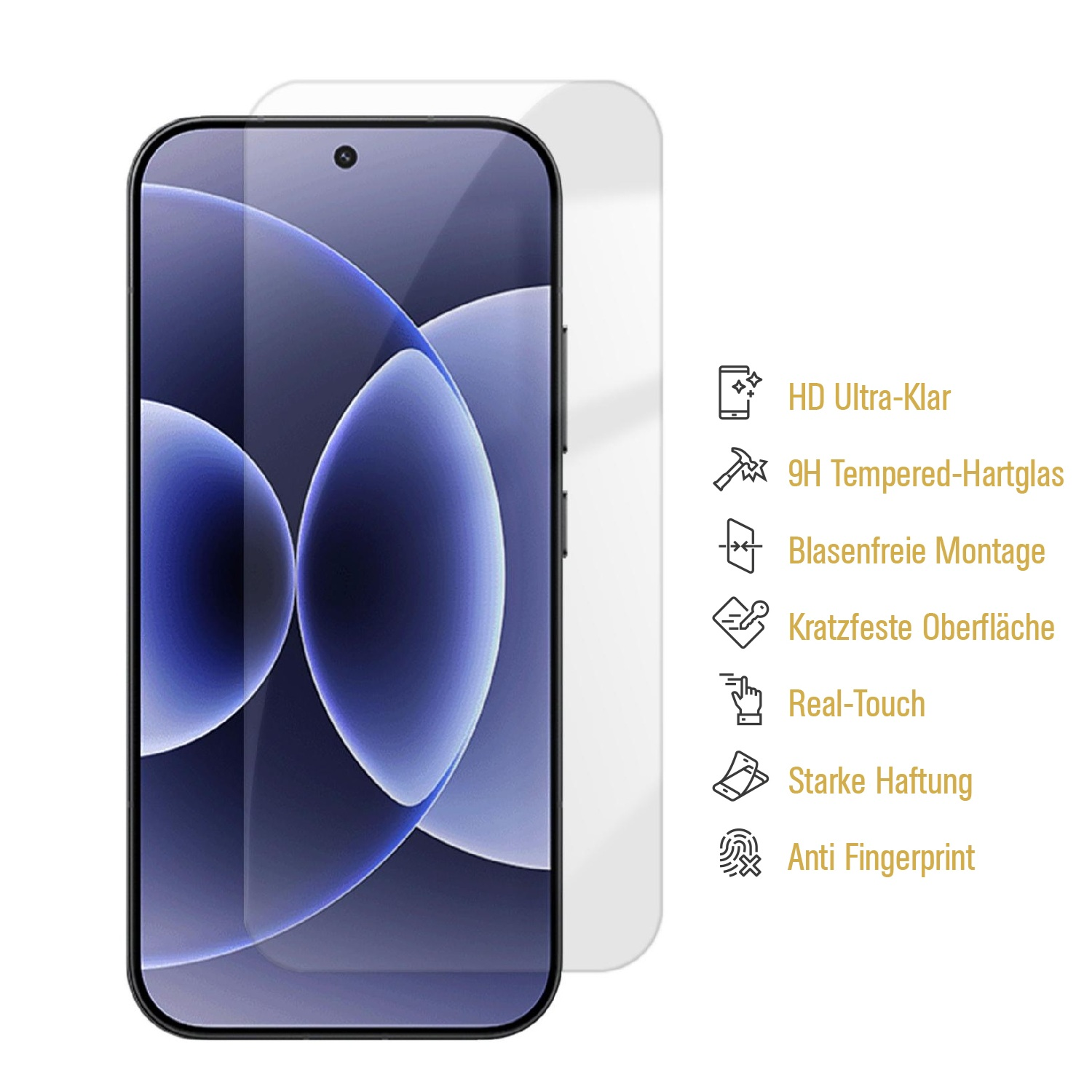 Schutzfolie für ein Smartphone mit Icons für HD, 9H Härte und Fingerabdruckschutz.