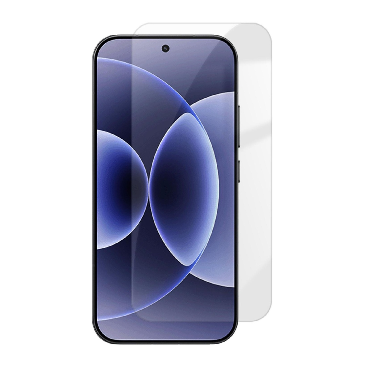 Ein Smartphone mit einem transparenten Displayschutz. Abstrakte blaue Formen auf dem Bildschirm.