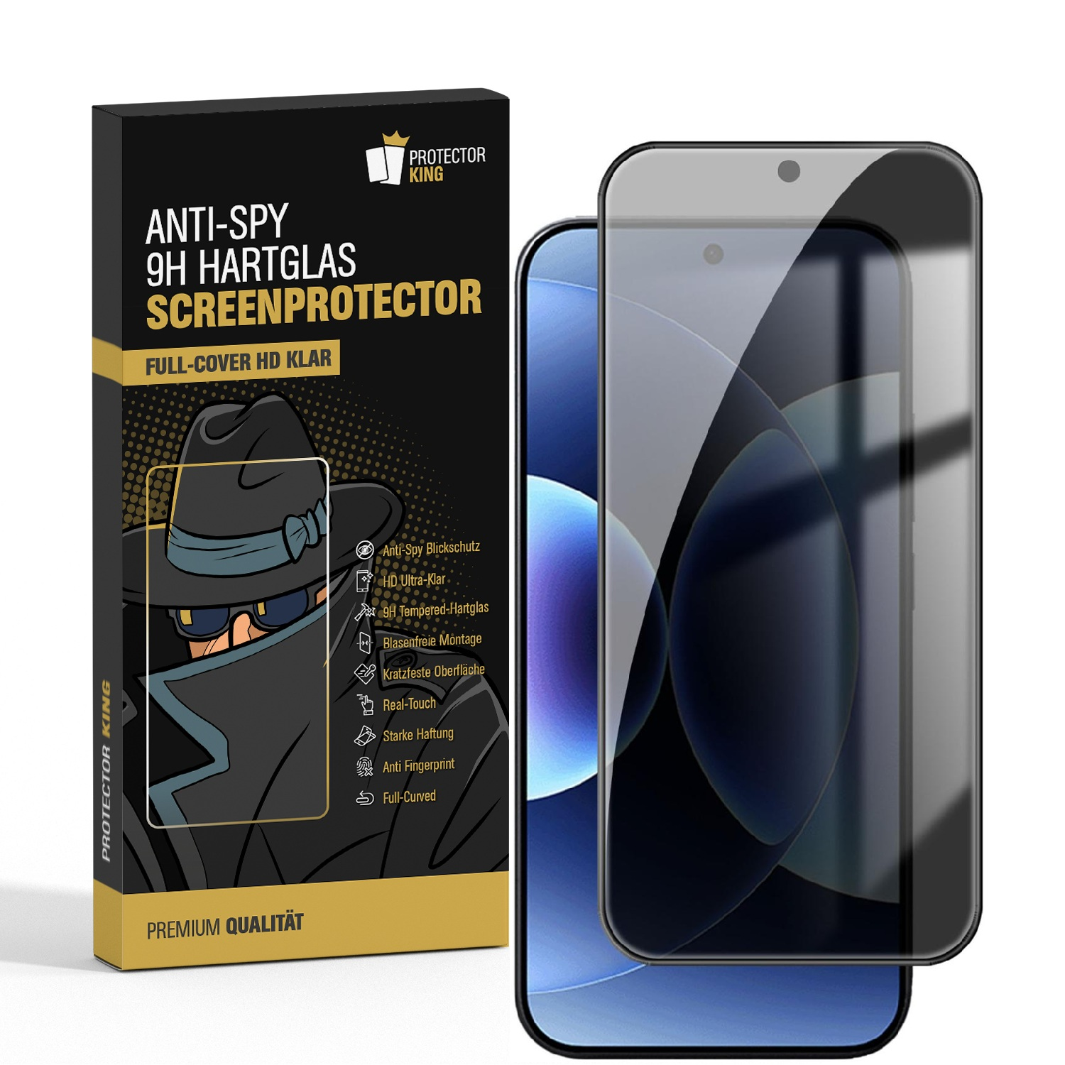 Verpackung für einen Sichtschutz-Displayschutz für Smartphones, daneben das Glas.