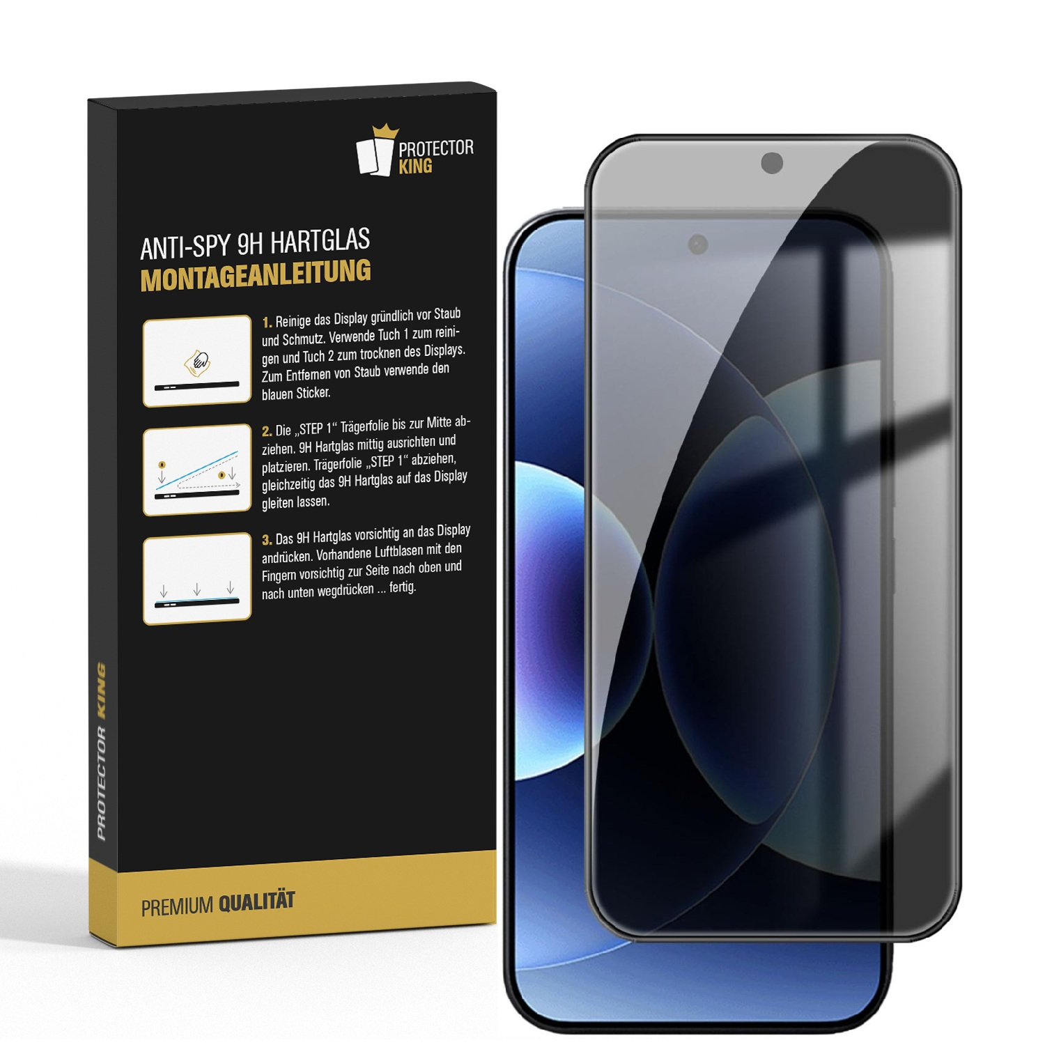 Verpackung mit Anleitung für ein Anti-Spy 9H Panzerglas neben einem Smartphone.