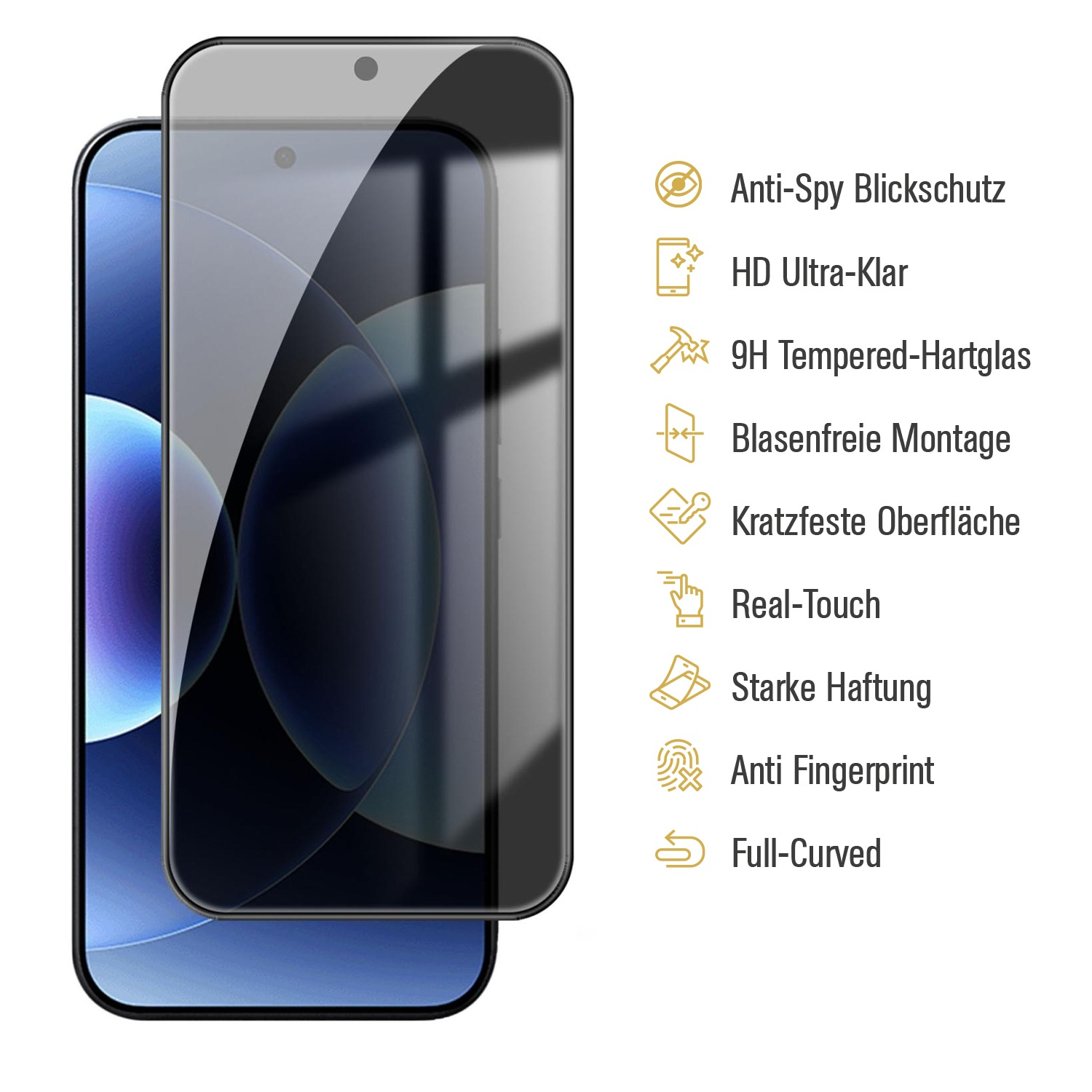 Ein Displayschutz für ein Smartphone mit Symbolen und Text.