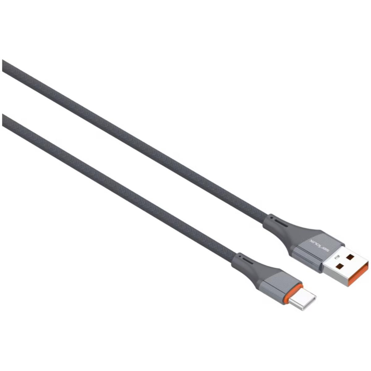 Een grijze USB-A naar USB-C kabel met oranje accenten.
