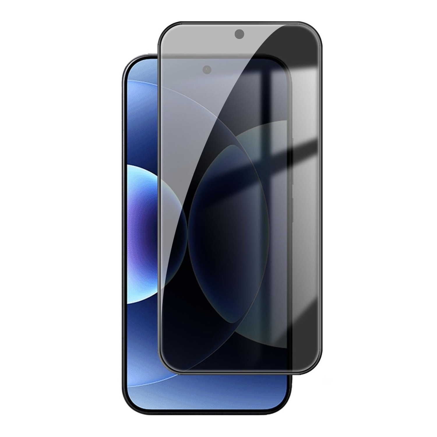 Ein schwarzer Sichtschutzfolie für ein Smartphone, das auf einem weißen Hintergrund liegt.