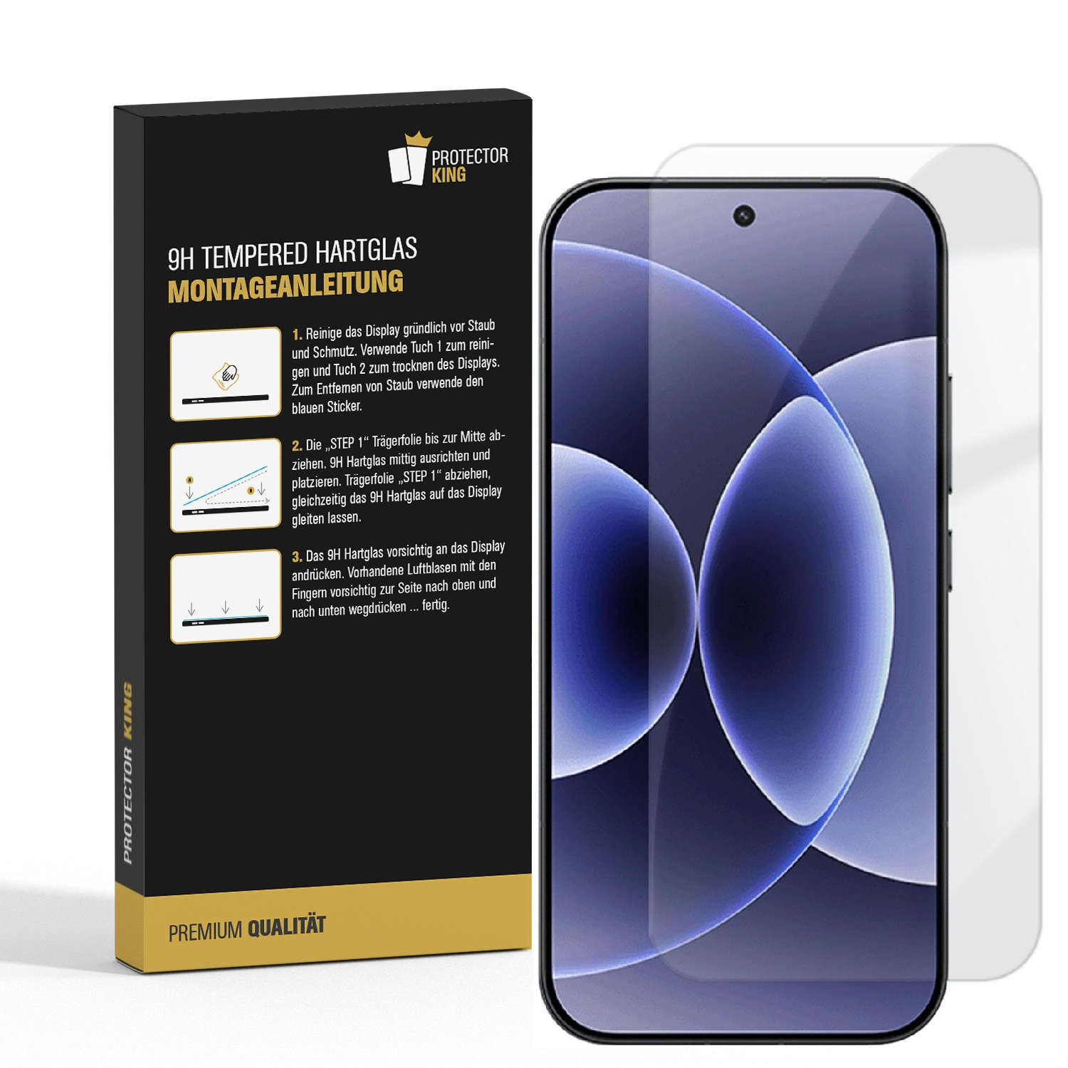 Verpackung für 9H Hartglas Displayschutzfolie mit Montageanleitung und Smartphone.