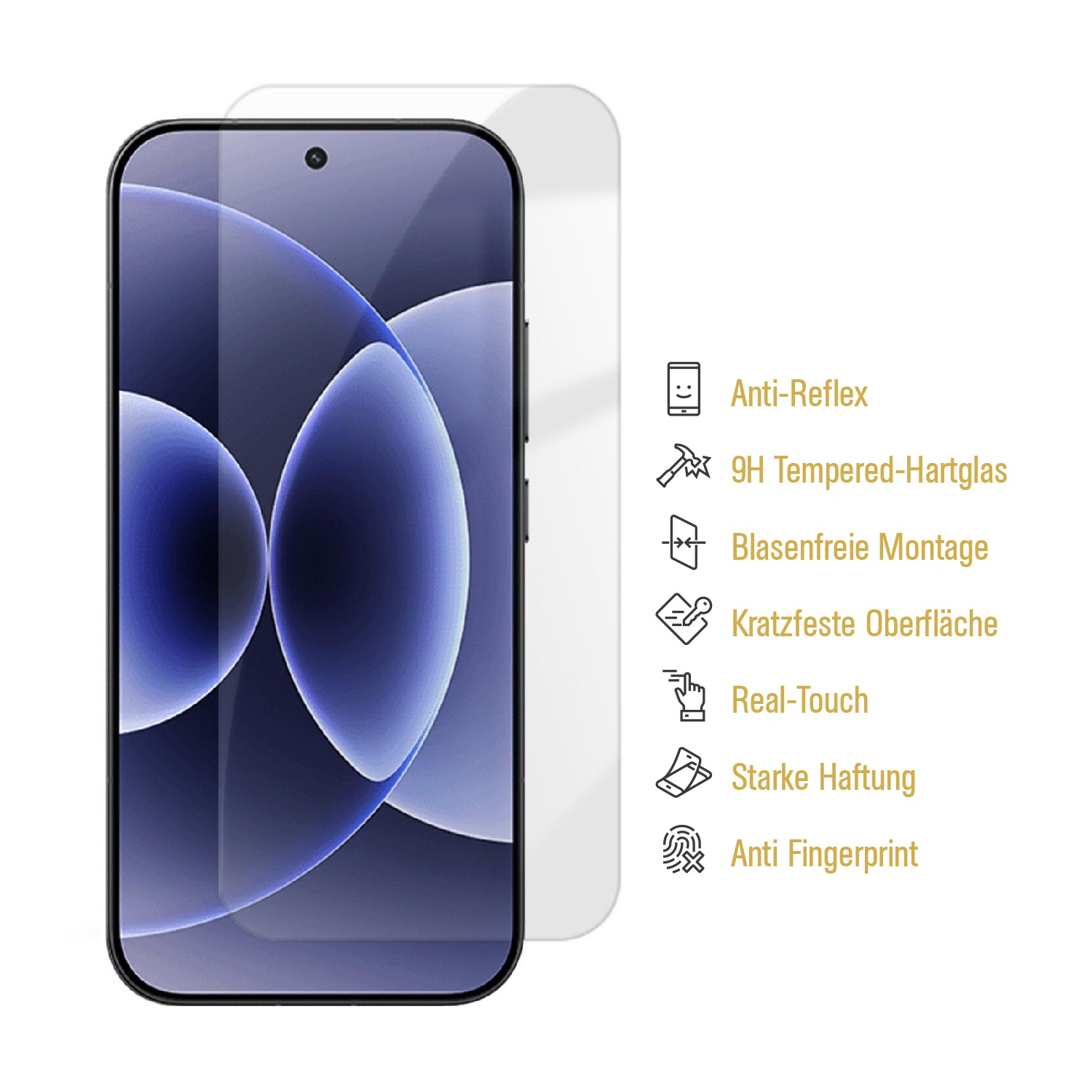 Ein Smartphone-Displayschutz aus Glas mit Funktionen wie Anti-Reflex und 9H Härte.