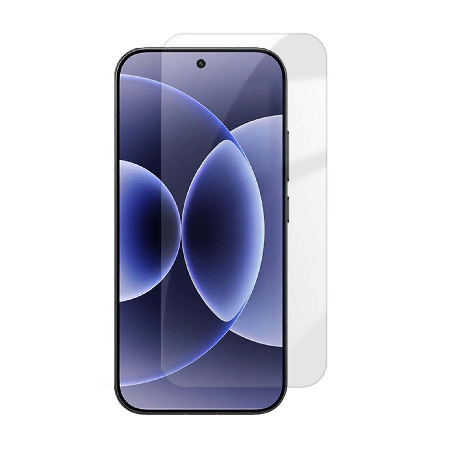 Ein Smartphone mit einem Bildschirmschutz und einer dunklen, abstrakten Tapete.
