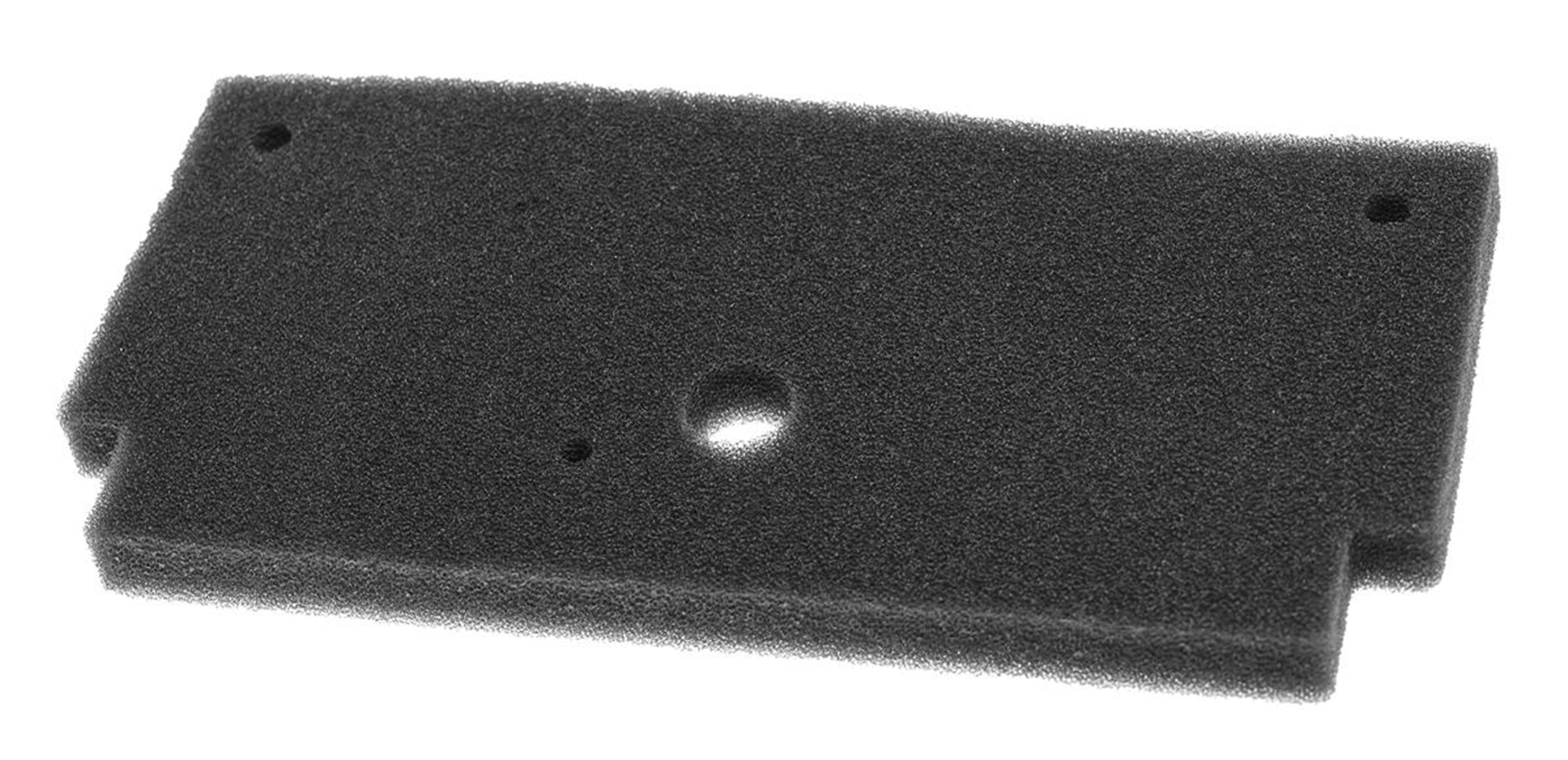 Schwarzer Schaumstofffilter mit zwei Löchern oben und einem Loch in der Mitte.