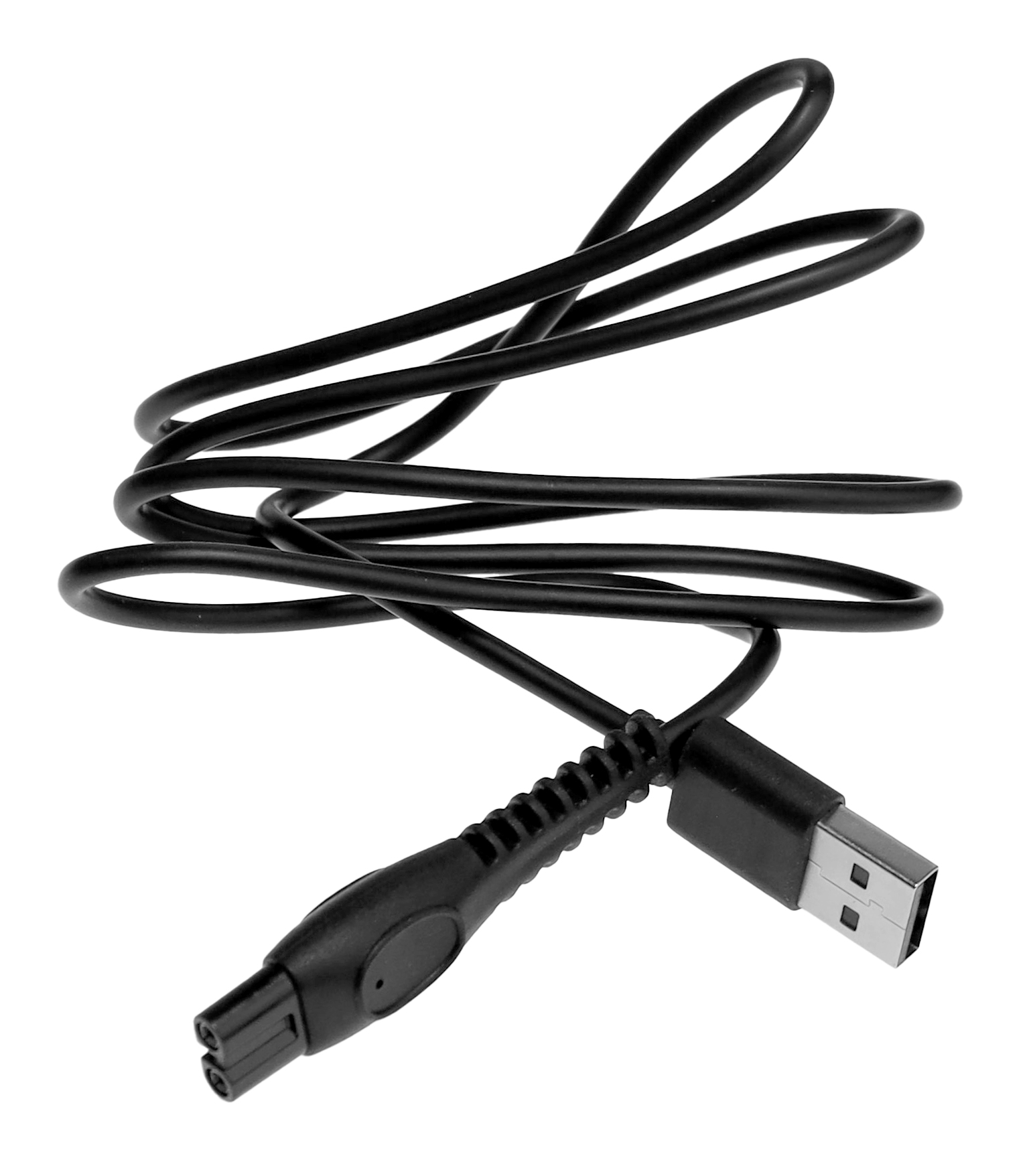 Schwarzes USB-Kabel mit zwei Anschlüssen und gewelltem Griff.