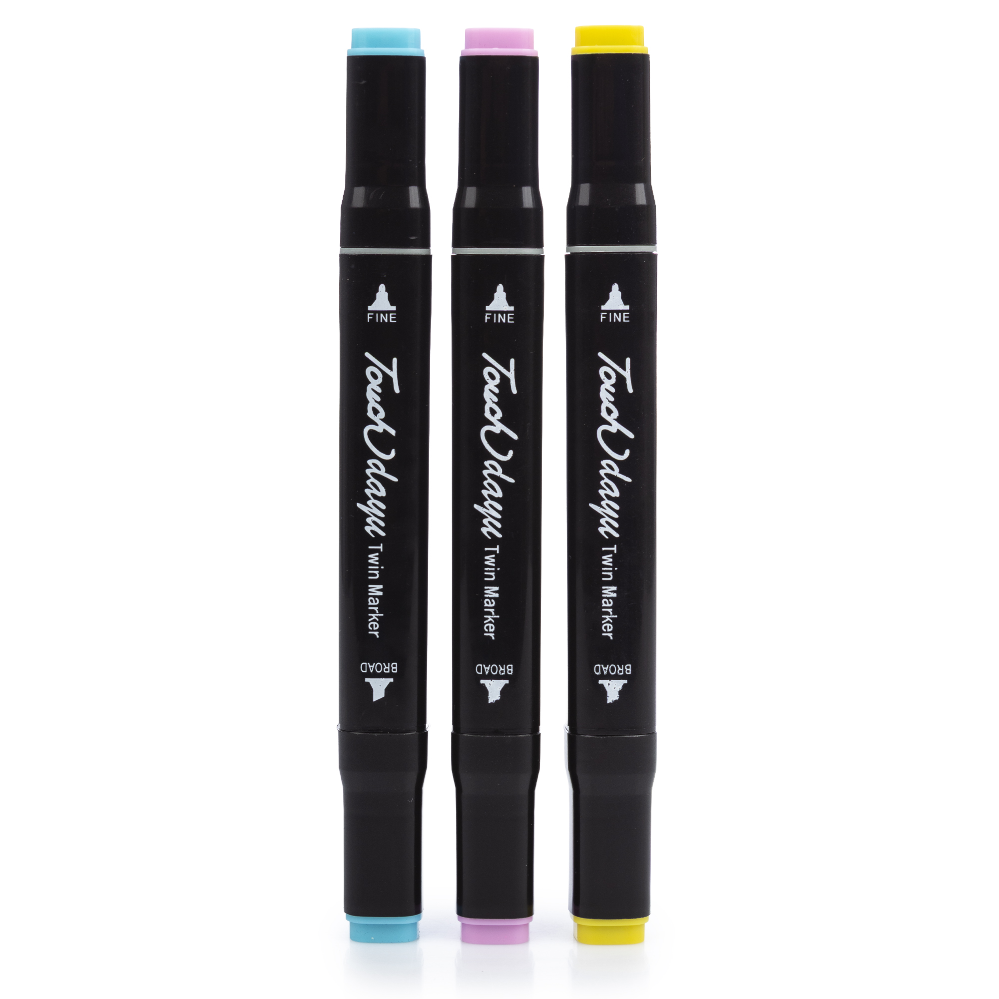 Tre pennarelli neri con tappi blu, rosa e gialli.