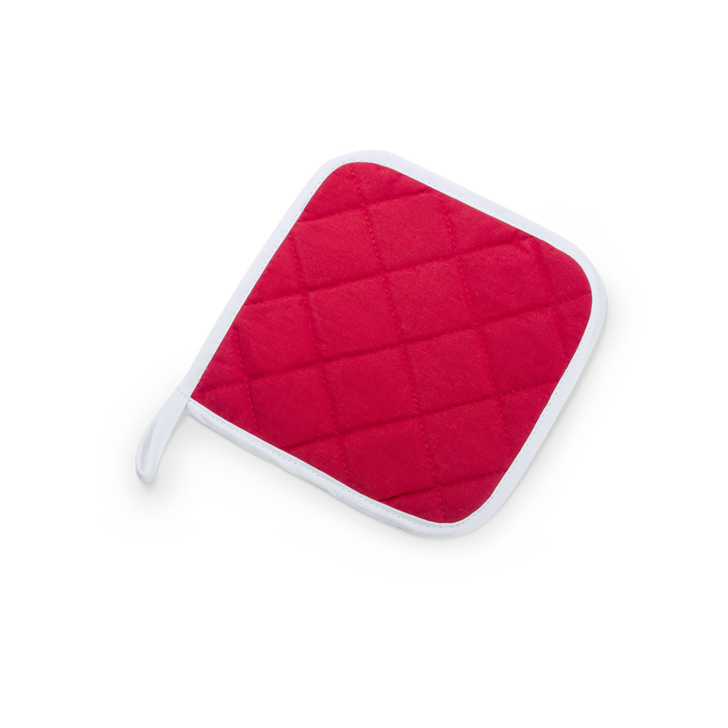 Un manopla roja acolchada con borde blanco y un lazo.